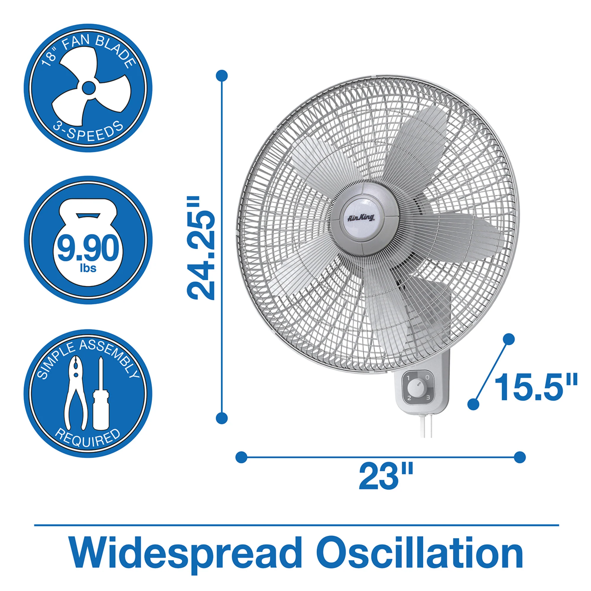 Air King 1/20 HP 18" Commercial Grade Wall Mount Fan: Oscillating, 3-Speed, Gray - Image 4