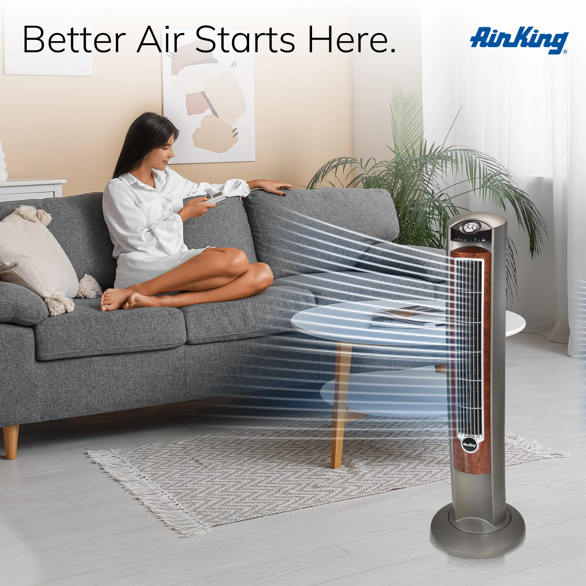 Air King Wind Curve 42" Tower Fan: Oscillating, 3-Speed, Remote, Ionizer, Brown - Image 6