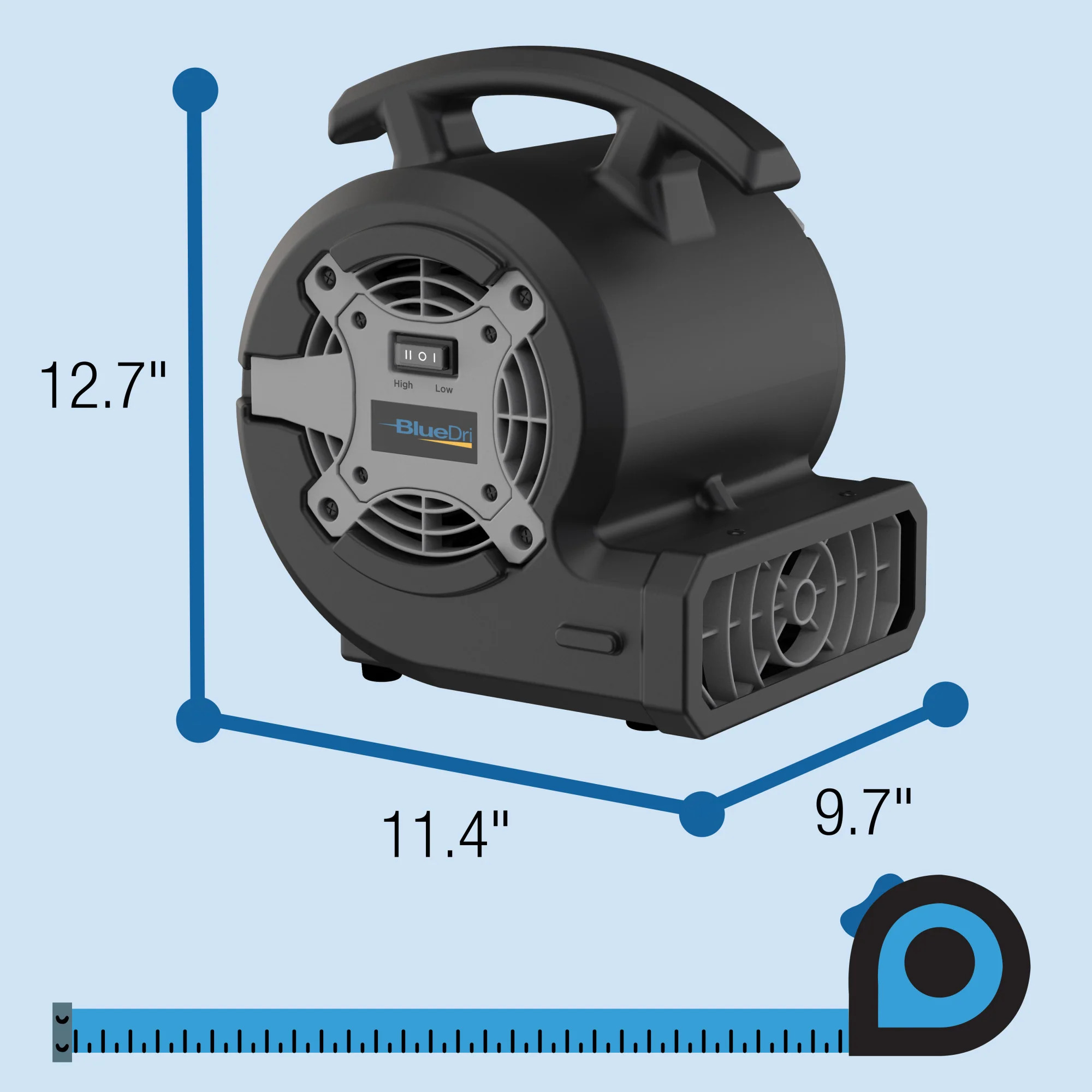 BlueDri 1/8 HP 13" Air Mover Blower Fan: 2-Speed, High Velocity, Black - Image 5