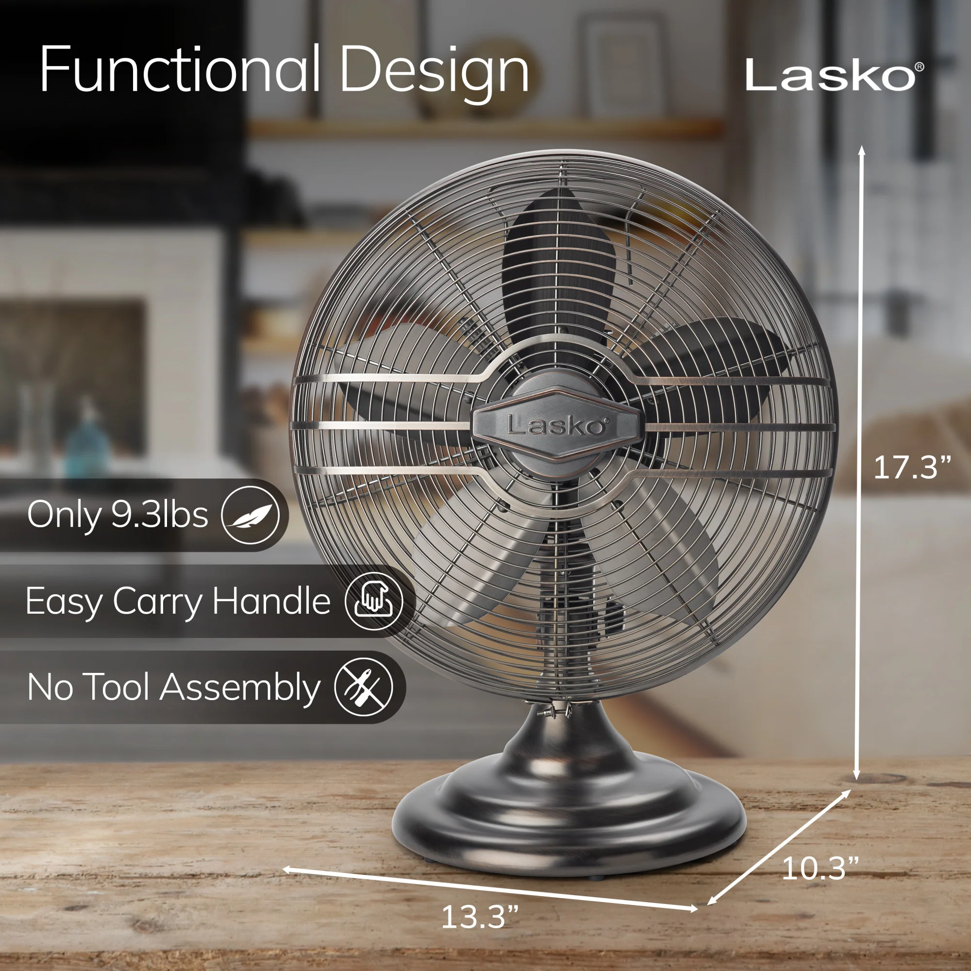 Lasko 12" Classic Metal Table Fan: Oscillating, 3-Speed, Tilting Head, Bronze - Image 3