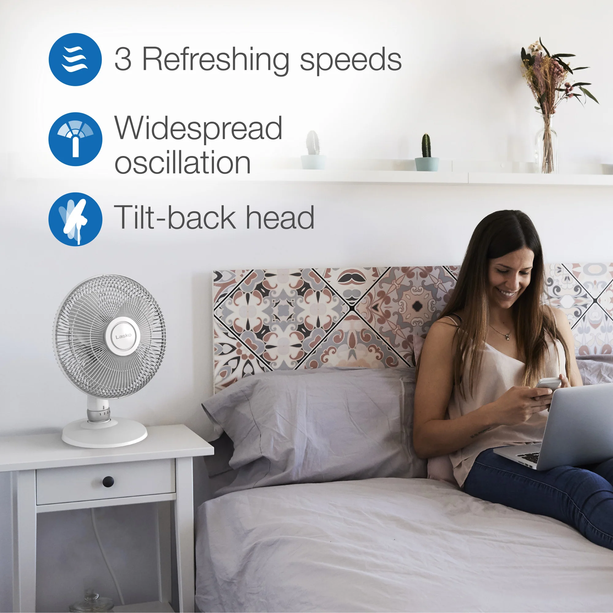 Lasko 12" Performance Table Fan: Oscillating, 3-Speed, Tilting Head, White - Image 4