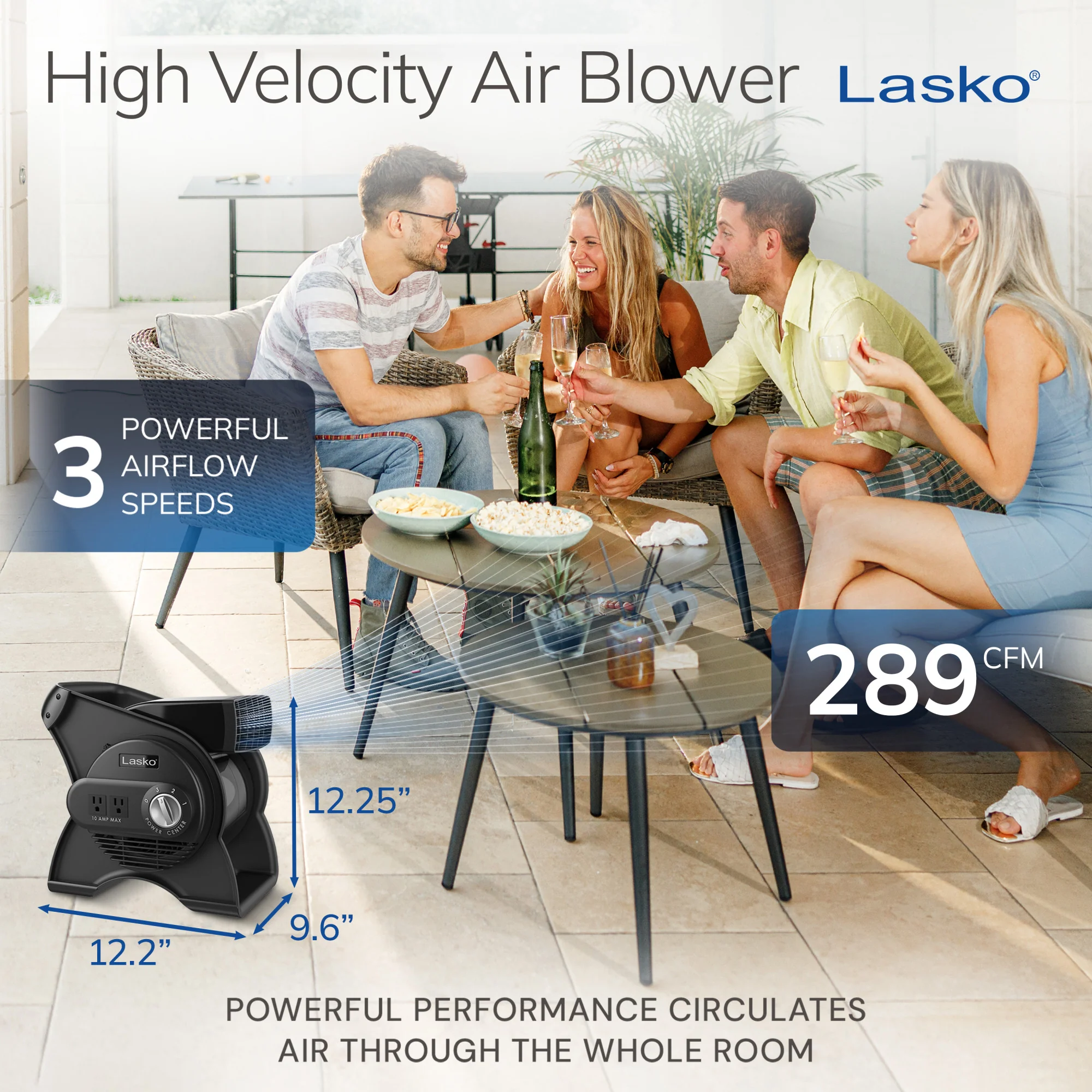 Lasko 12" Air Mover Blower Fan: 3-Speed, High Velocity, 2 Outlets, Pivoting, Black - Image 4