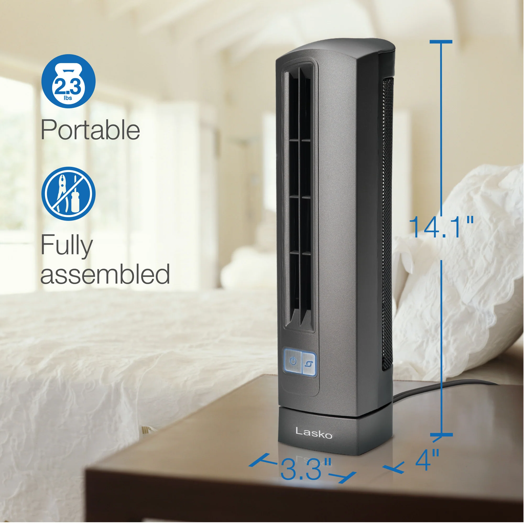 Lasko Air Stik 14" Ultra Slim Table Fan: Oscillating, 2-Speed, Gray - Image 6