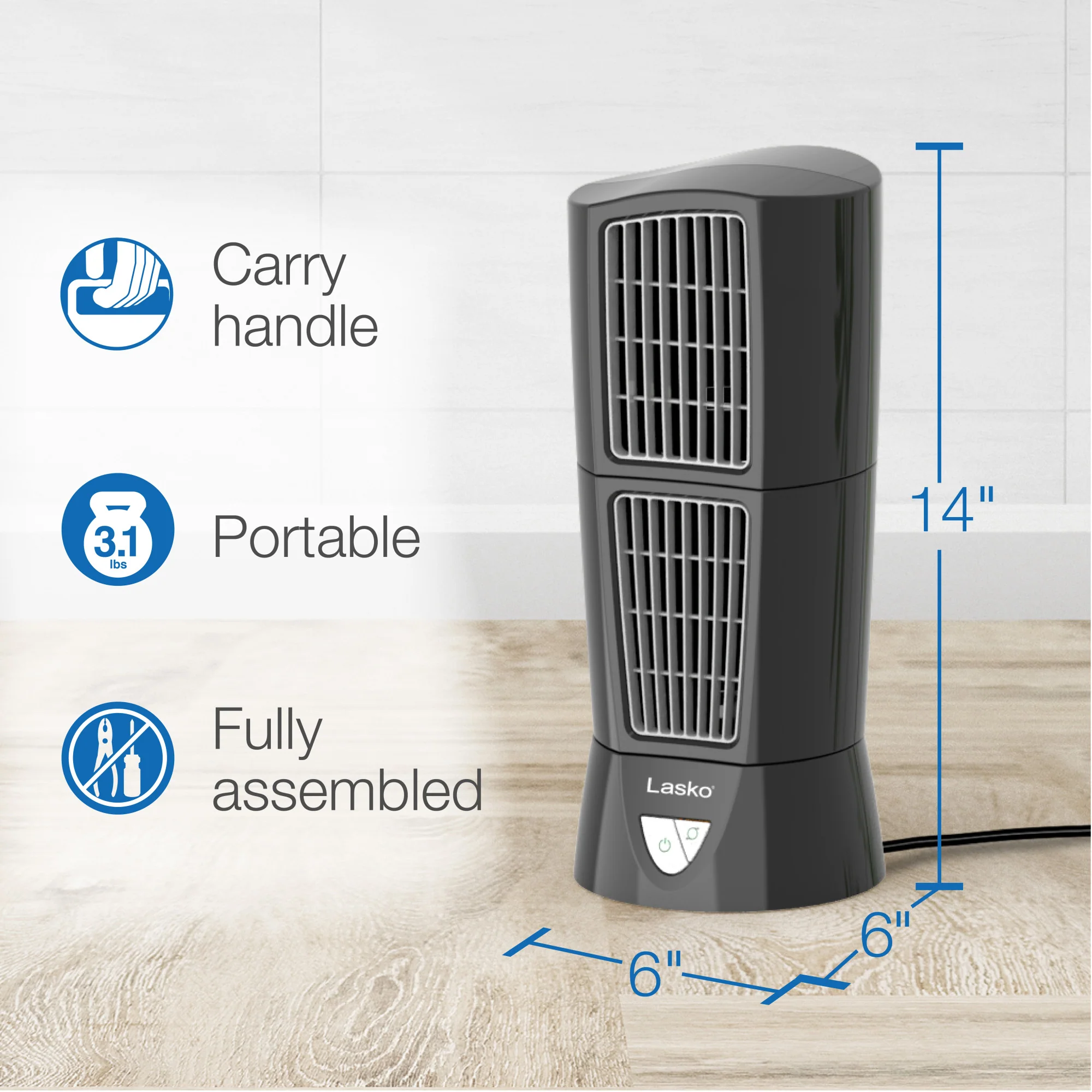 Lasko Wind Tower 14" Table Fan: Oscillating, 3-Speed, Pivoting, Black - Image 6