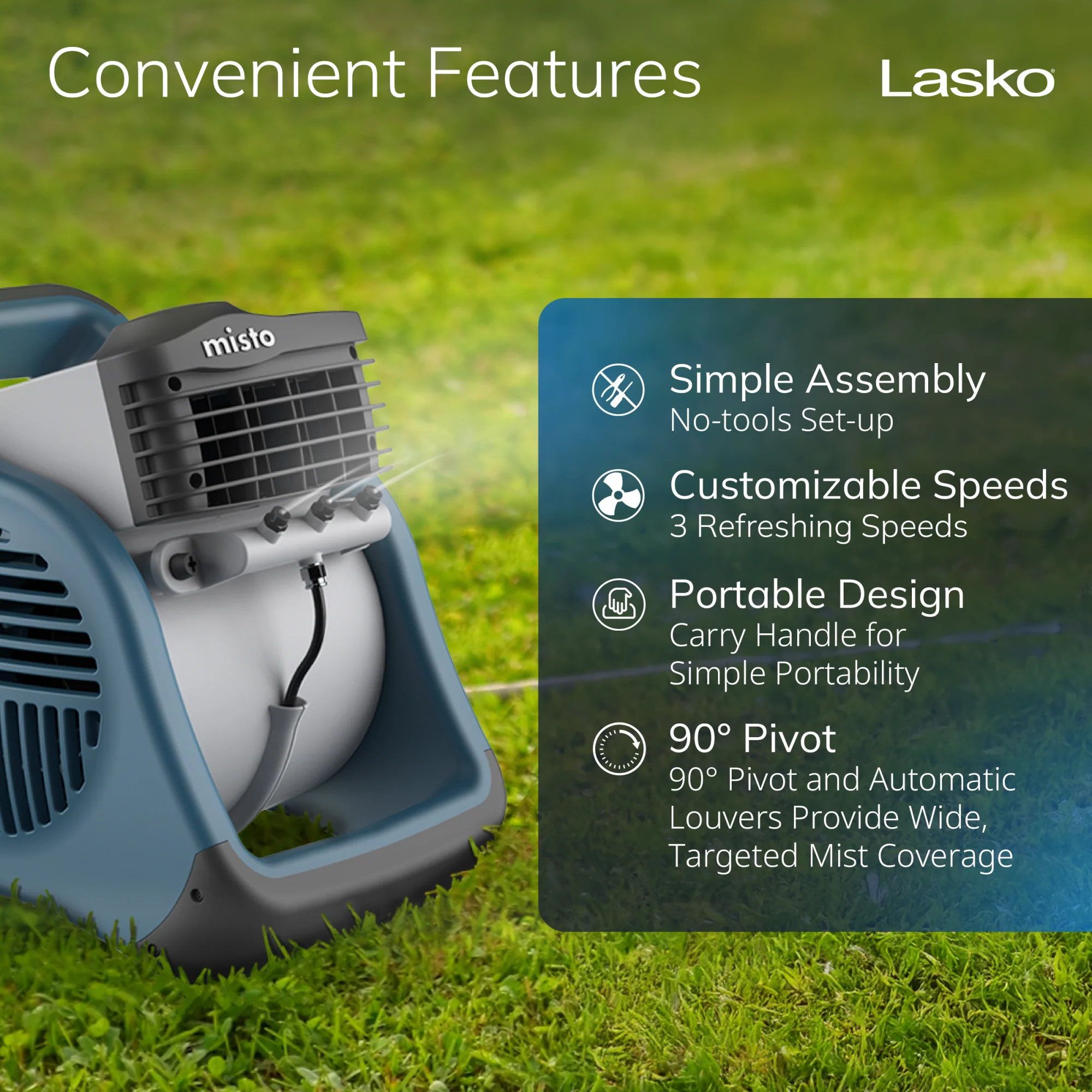 Lasko Misto 15" Outdoor Misting Fan: 3-Speed, Pivoting, Powered Louvers, Blue - Image 5