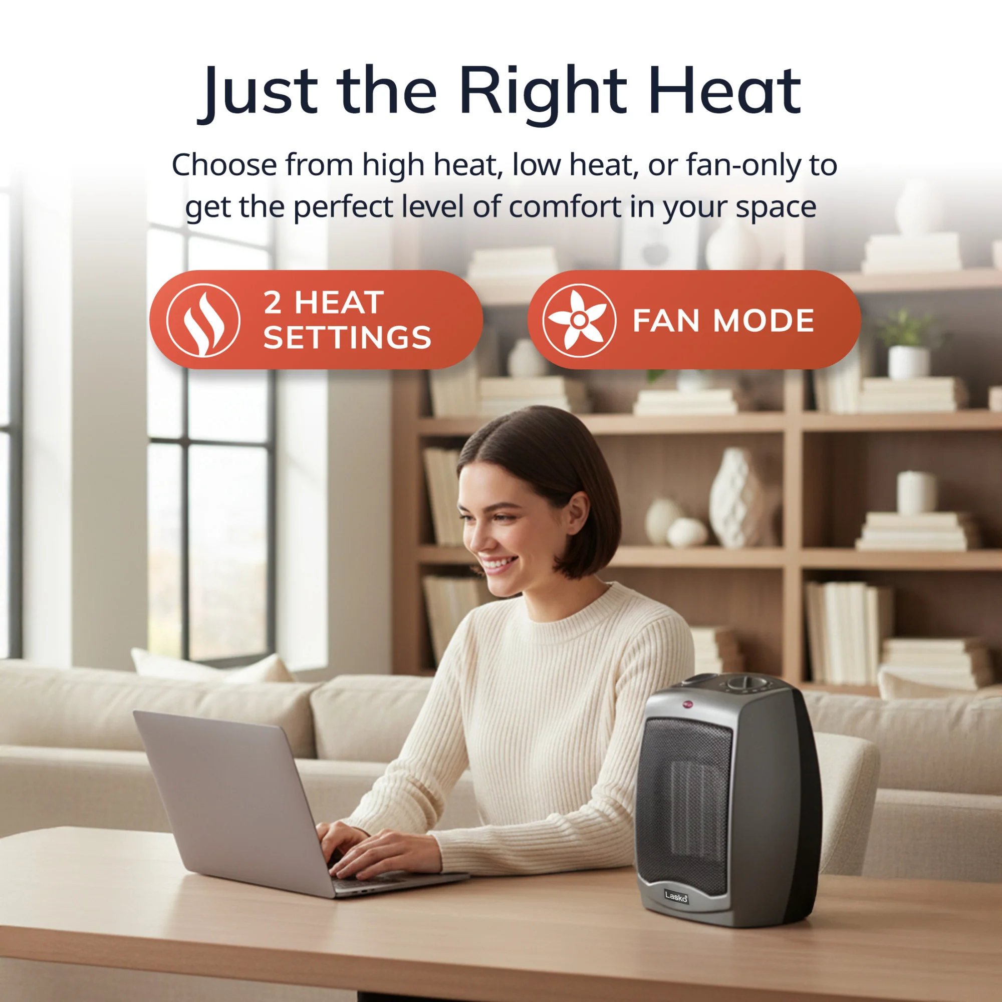 Lasko 9" Ceramic Table Top Heater (2 heat settings, manual, thermostat, tip-over switch, gray) - Image 3