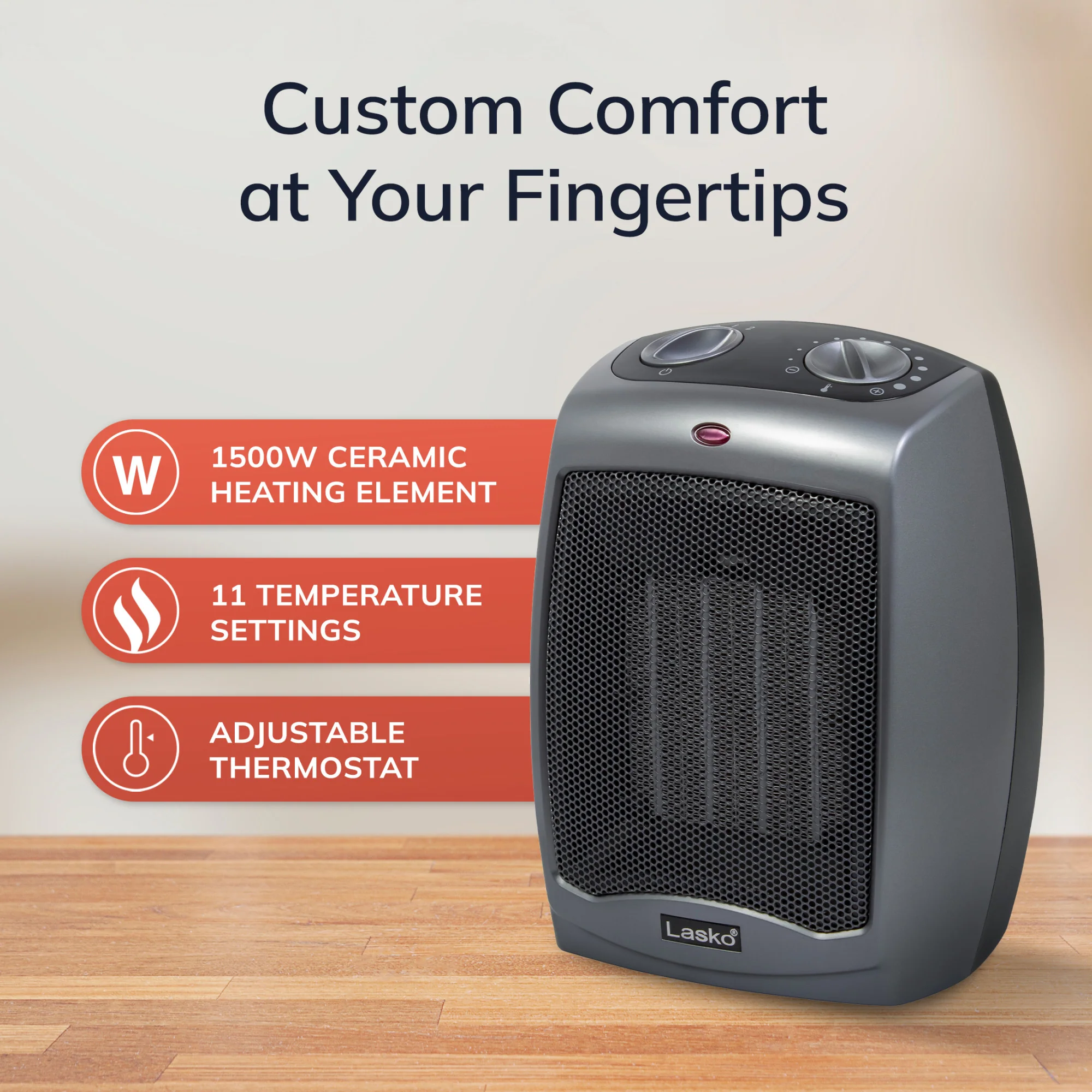 Lasko 9" Ceramic Table Top Heater (2 heat settings, manual, thermostat, tip-over switch, gray) - Image 6