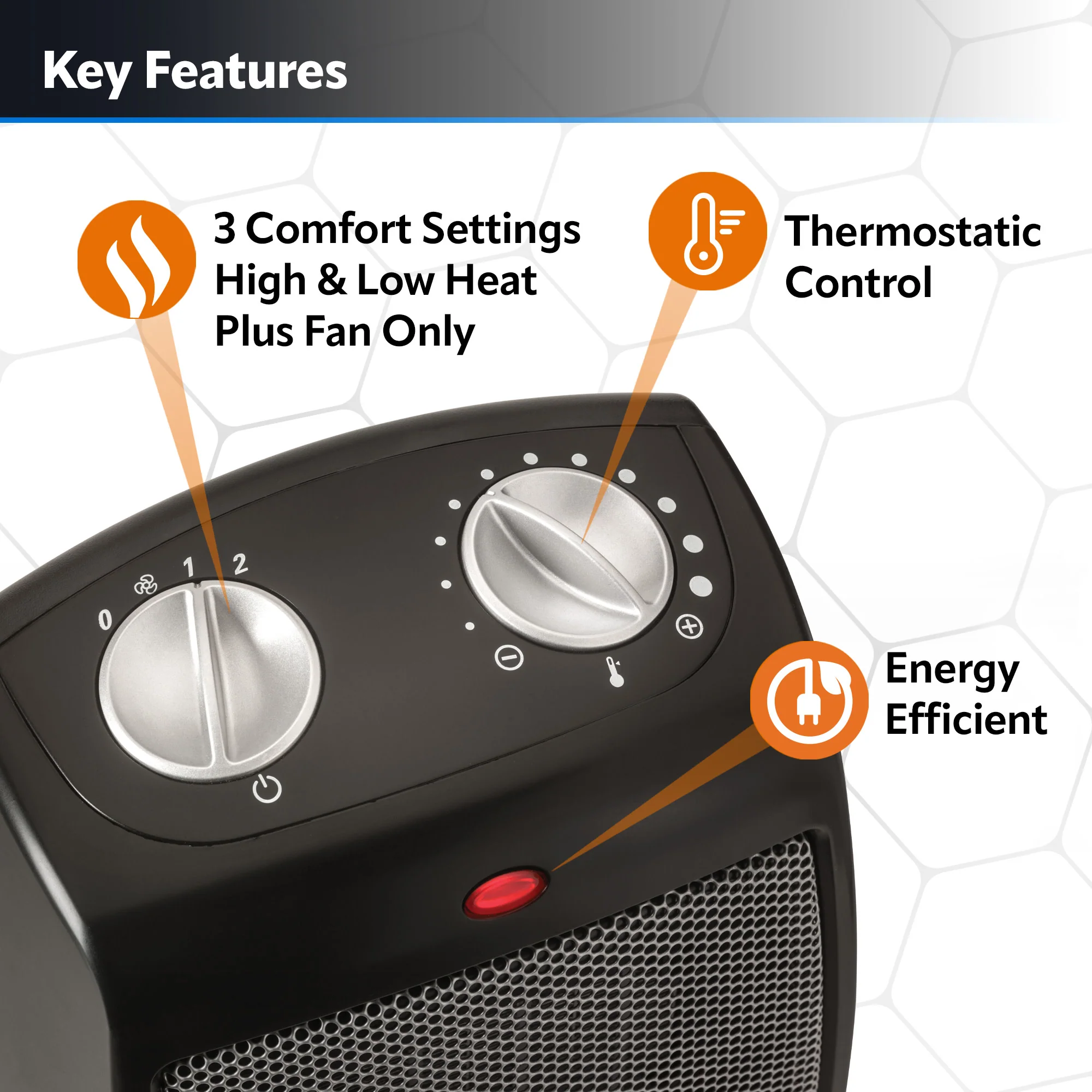 Lasko 9" Ceramic Table Top Heater (3-speed, thermostat, black) - Image 3
