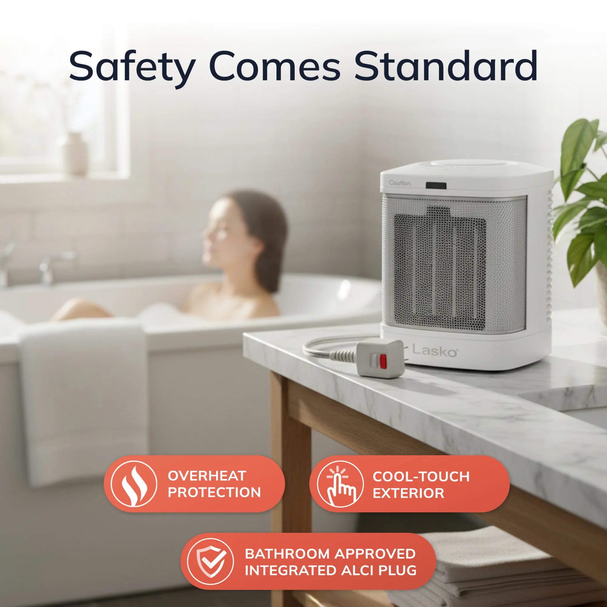 Lasko 8" Bathroom Ceramic Heater (2 heat settings, timer, ALCI safety plug, white) - Image 3