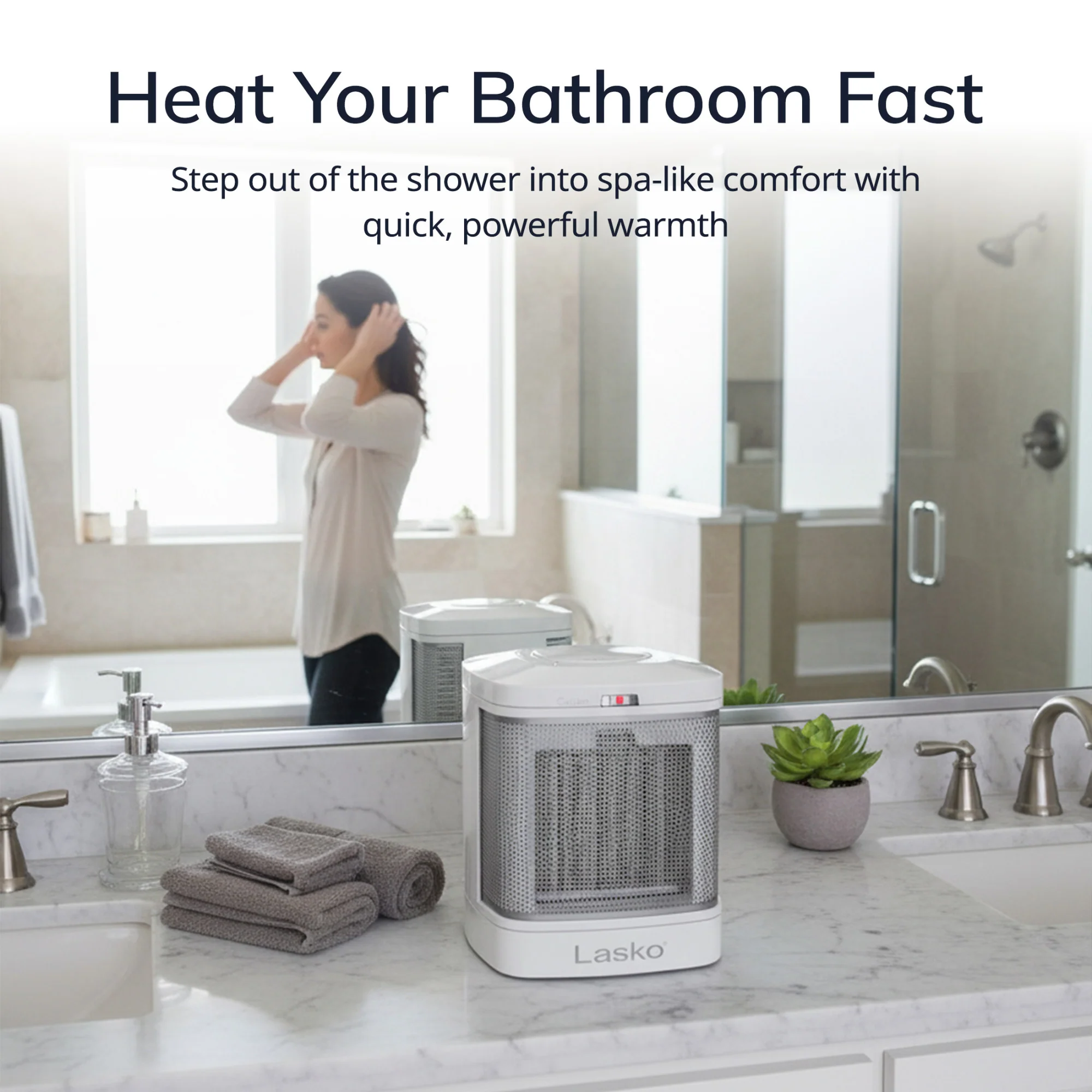 Lasko 8" Bathroom Ceramic Heater (2 heat settings, timer, ALCI safety plug, white) - Image 4