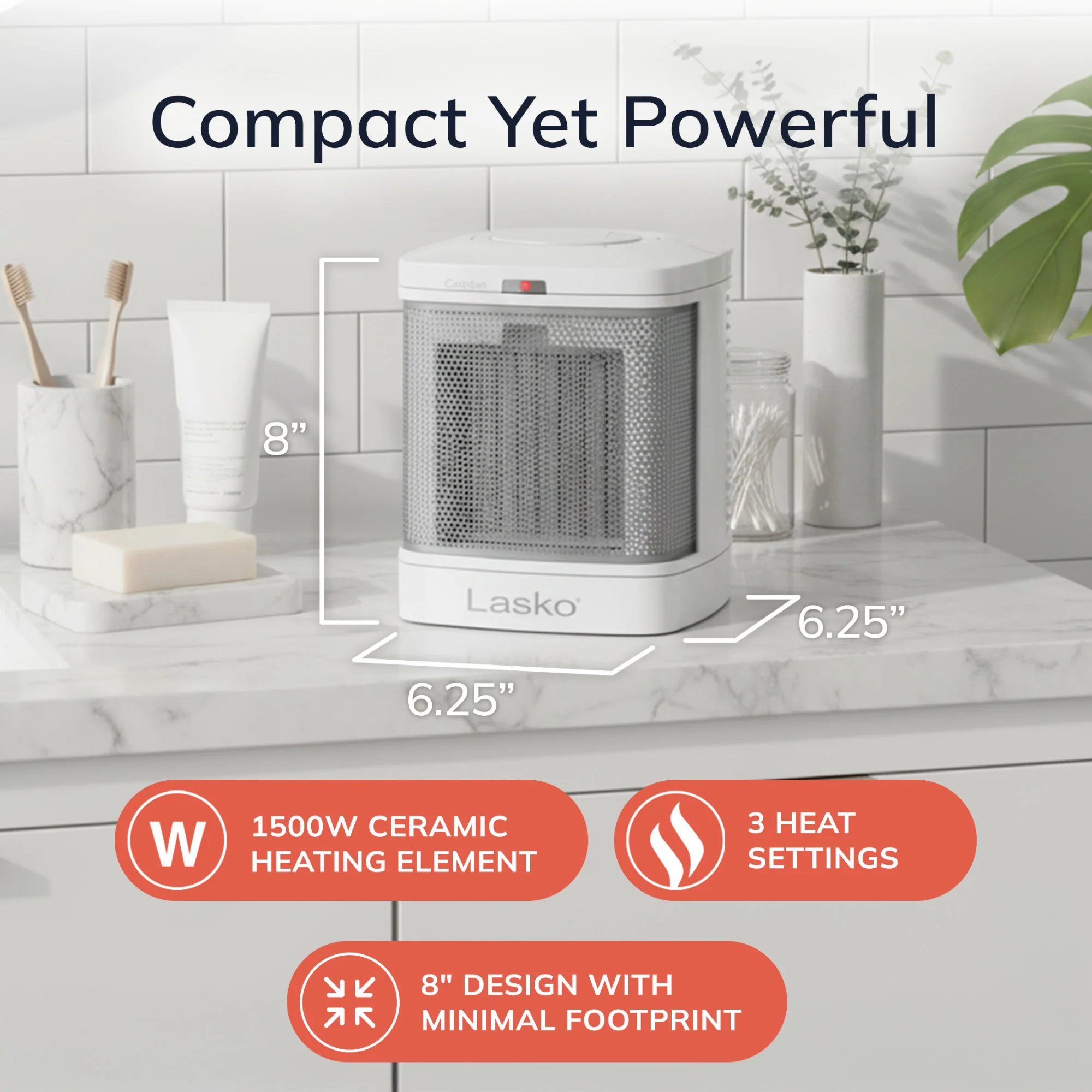 Lasko 8" Bathroom Ceramic Heater (2 heat settings, timer, ALCI safety plug, white) - Image 6