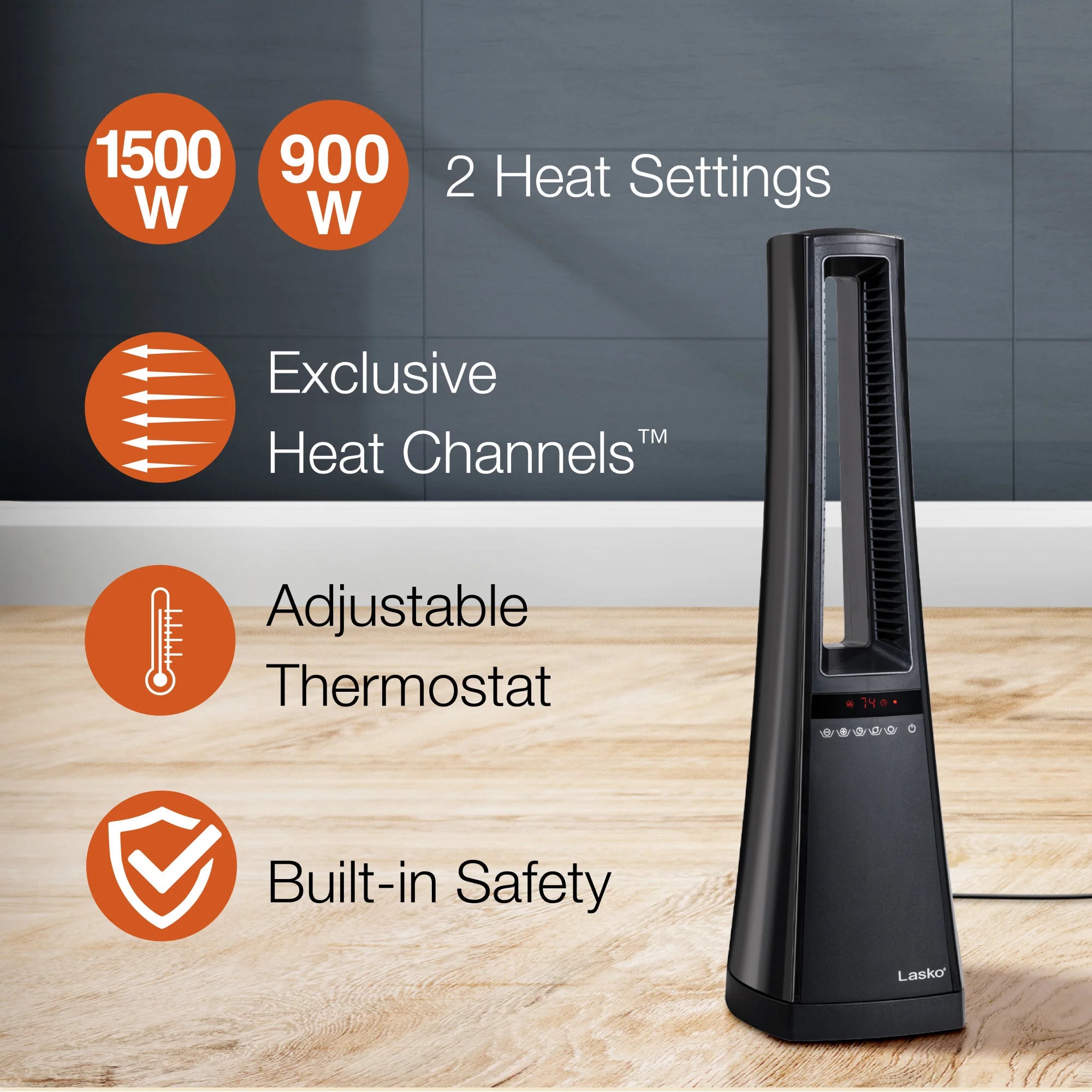 Lasko Air Logic 27" Bladeless Tower Heater (2 heat settings, remote, timer, black) - Image 2