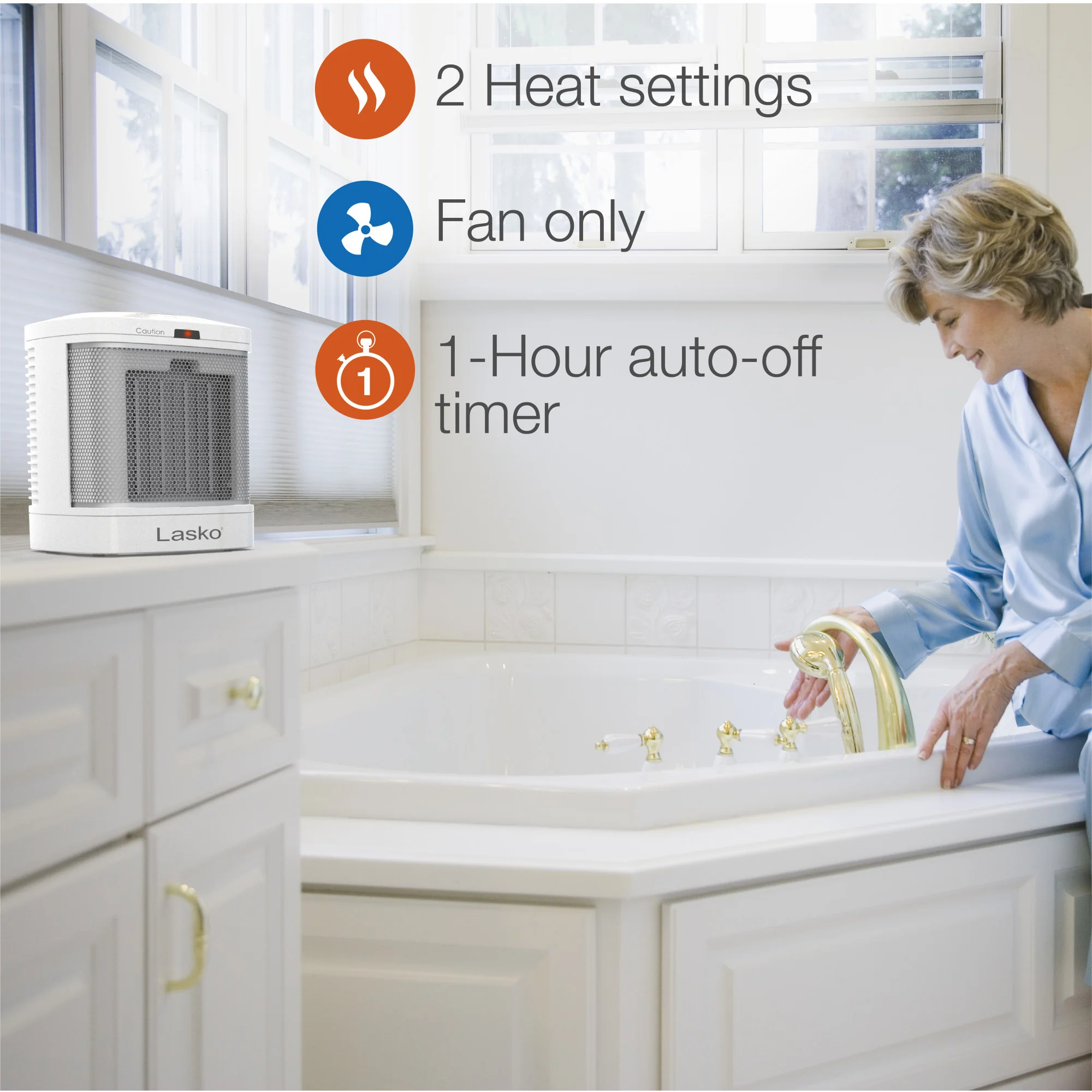 Lasko 8" Bathroom Ceramic Heater (2 heat settings, timer, ALCI safety plug, white) - Image 4