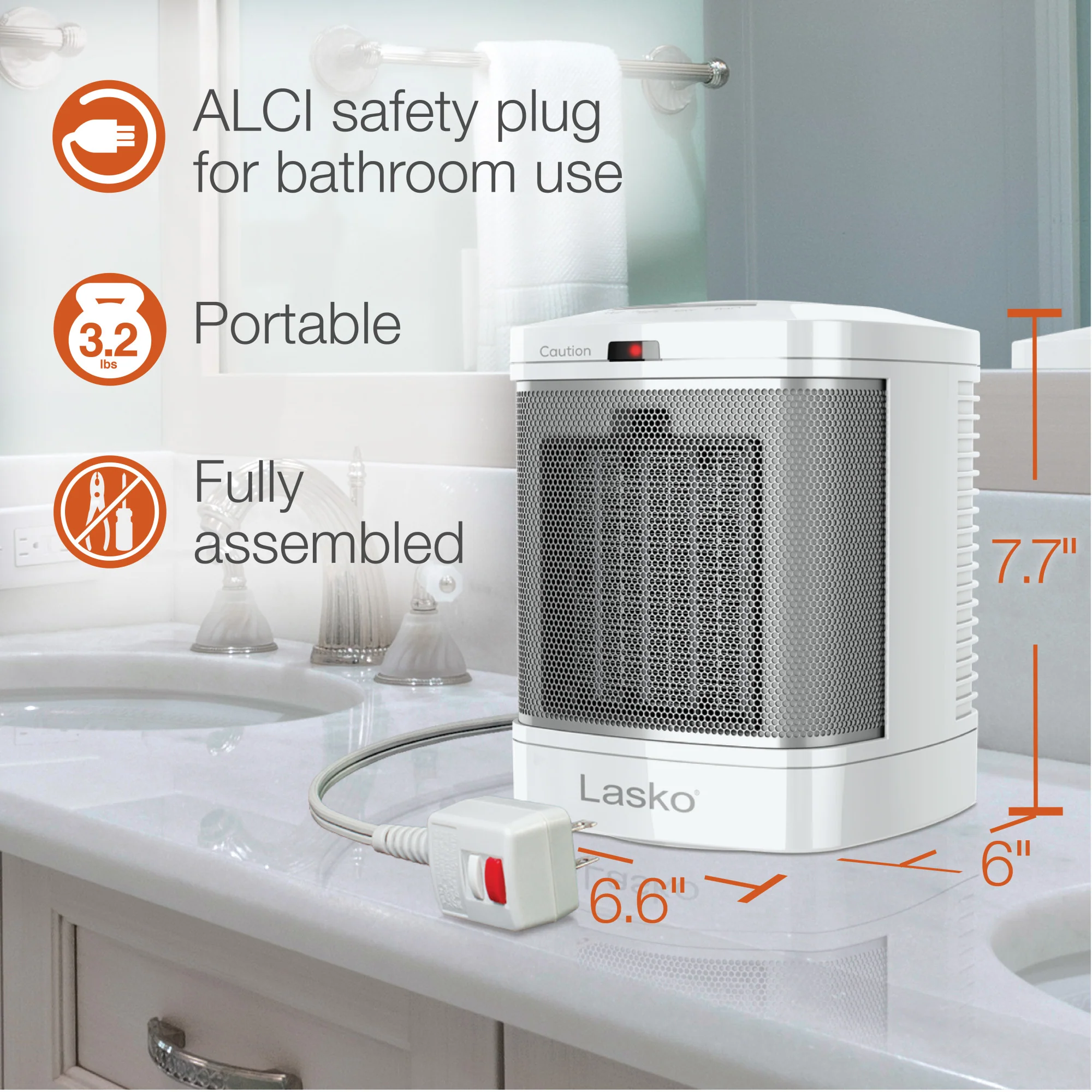 Lasko 8" Bathroom Ceramic Heater (2 heat settings, timer, ALCI safety plug, white) - Image 6