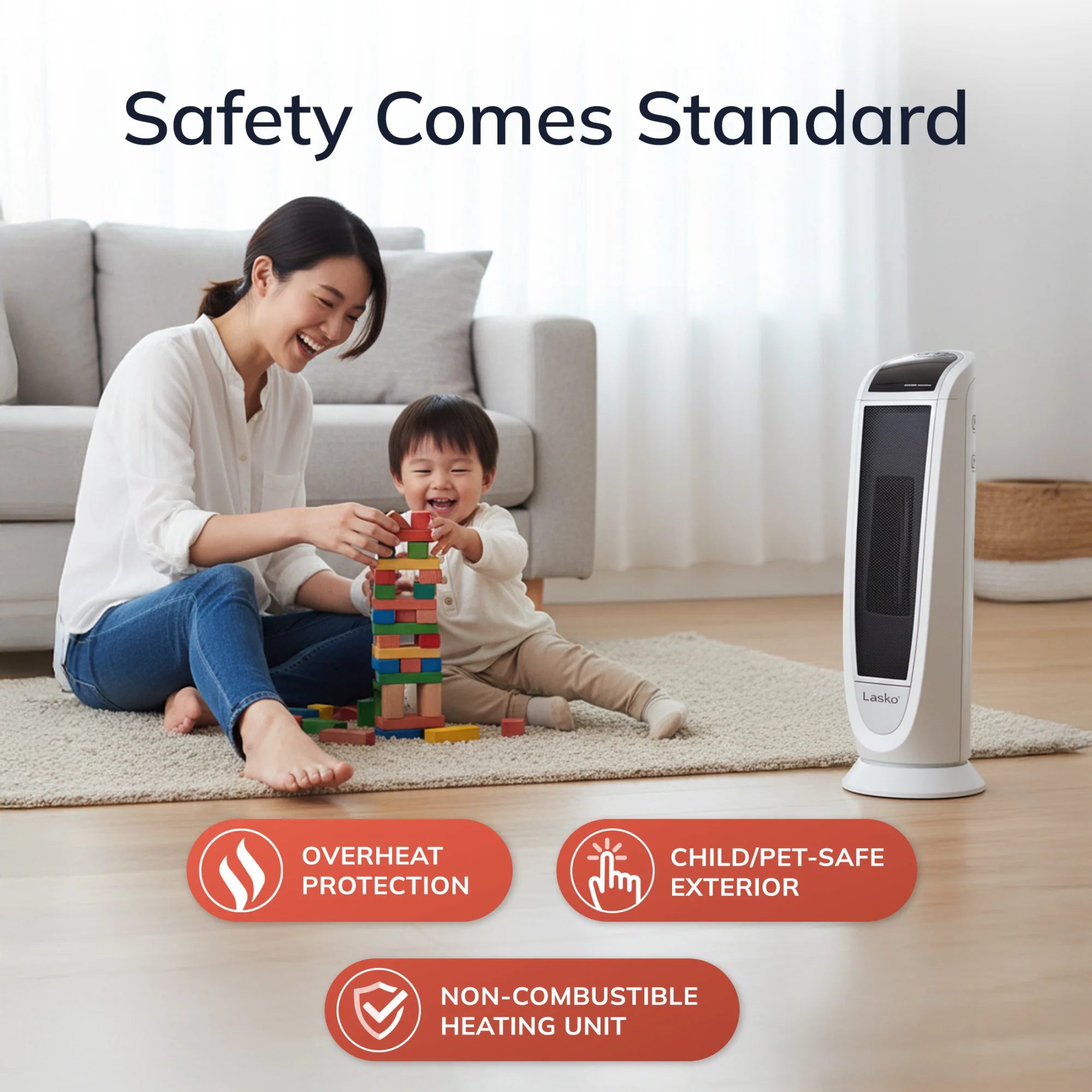 Lasko 22" Digital Ceramic Tower Heater (2 heat settings, remote, timer, white) - Image 4