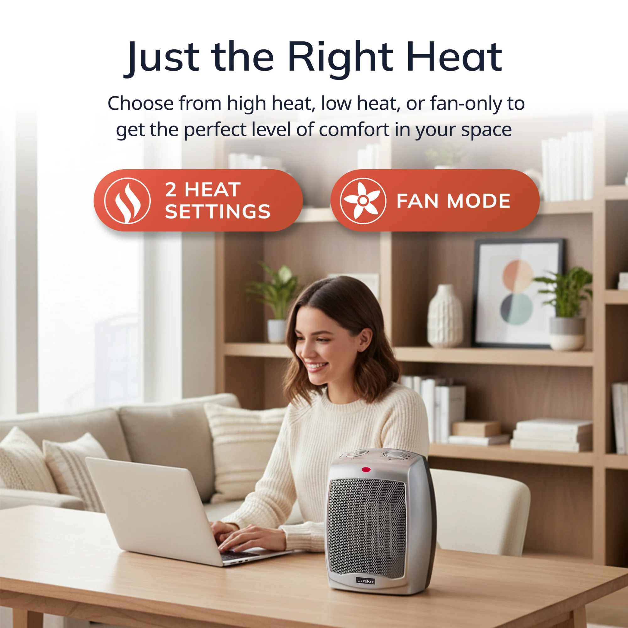 Lasko 9" Ceramic Table Top Heater (2 heat settings, manual, thermostat, silver) - Image 3