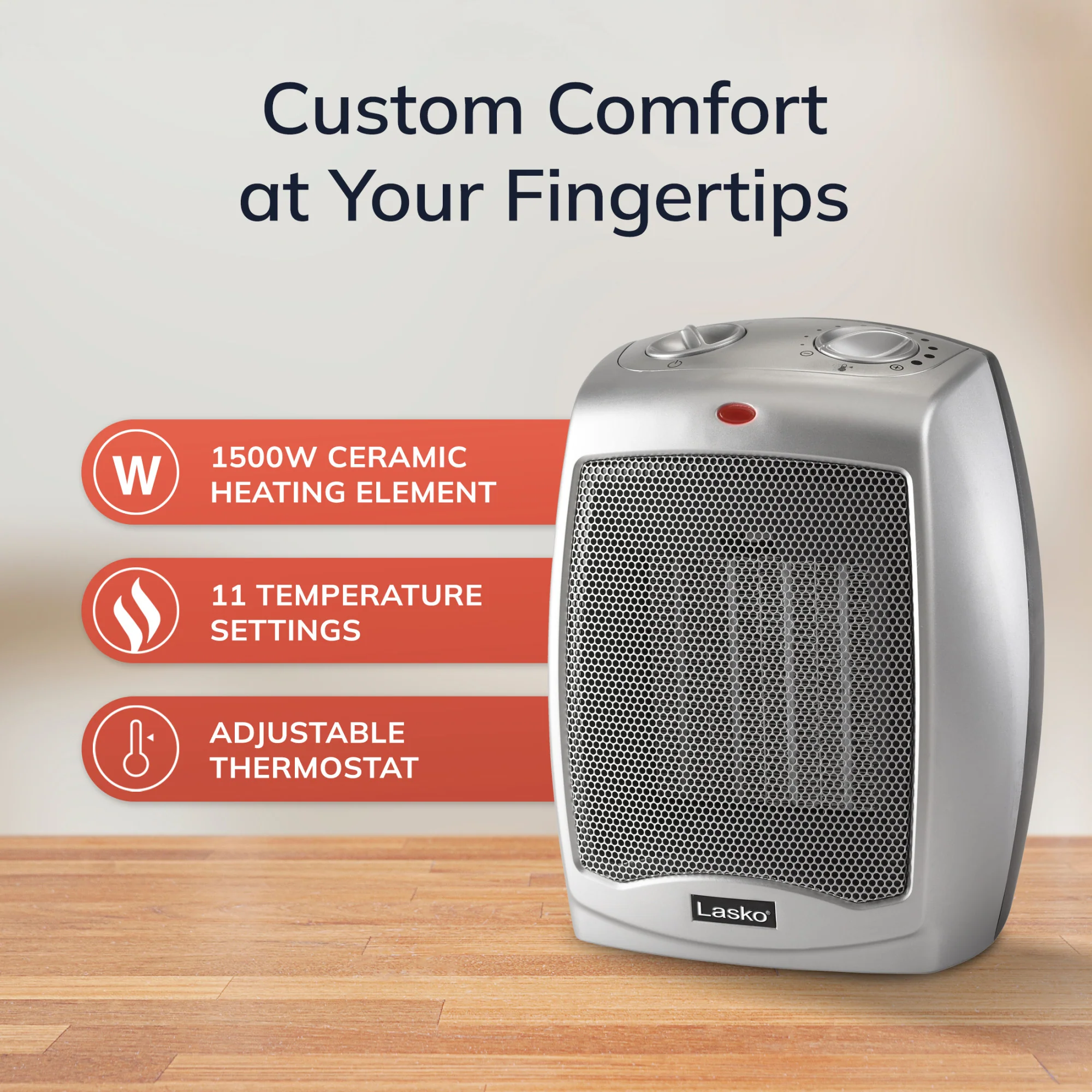Lasko 9" Ceramic Table Top Heater (2 heat settings, manual, thermostat, silver) - Image 6