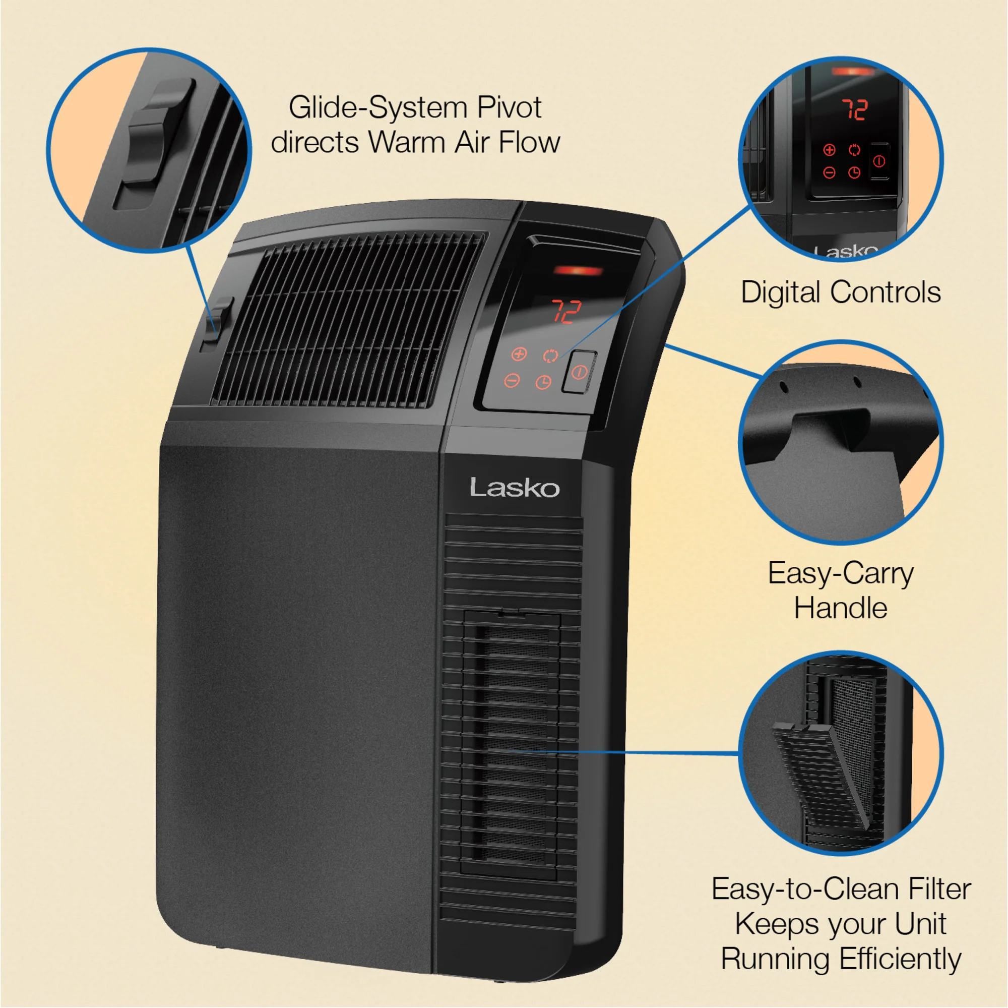 Lasko 1500W Electric Cyclonic Ceramic Room Space Heater with 8-Hour Timer, CC24920, Black - Image 2