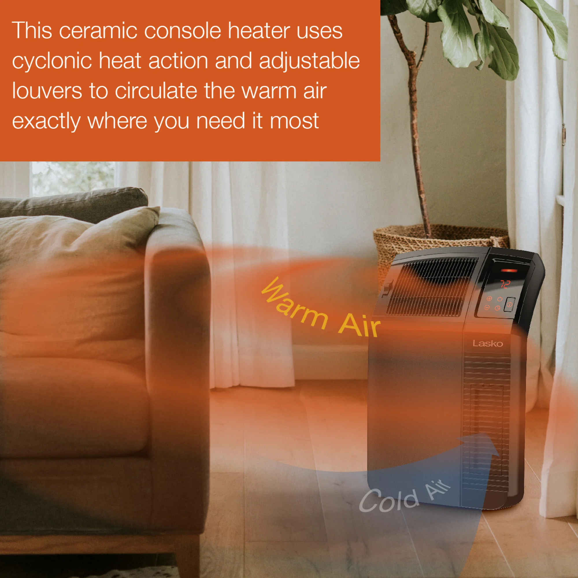 Lasko 1500W Electric Cyclonic Ceramic Room Space Heater with 8-Hour Timer, CC24920, Black - Image 5