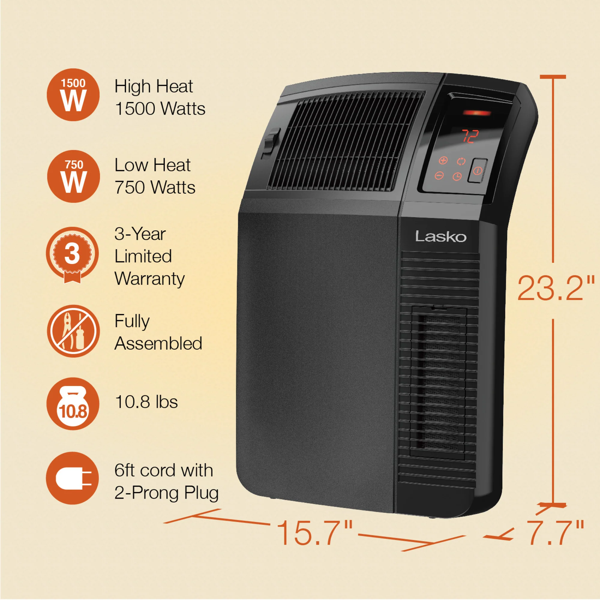 Lasko 1500W Electric Cyclonic Ceramic Room Space Heater with 8-Hour Timer, CC24920, Black - Image 6