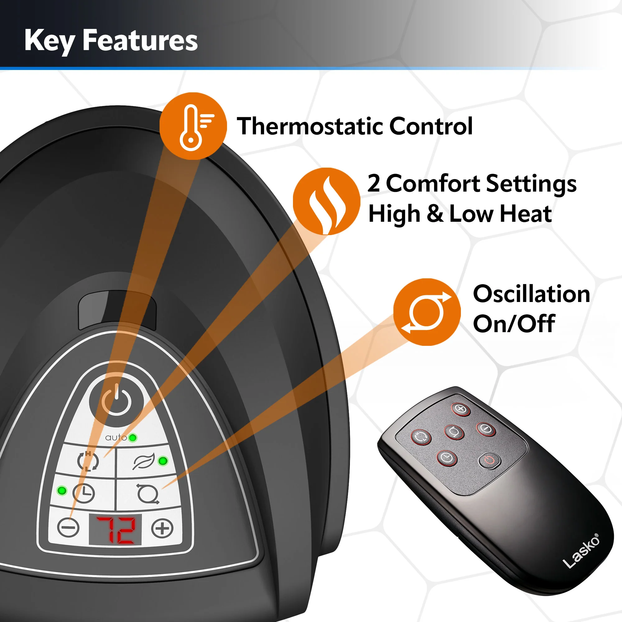 Lasko 23" Ceramic Tower Heater (2 heat settings, remote, timer, thermostat, tip-over switch, black) - Image 3