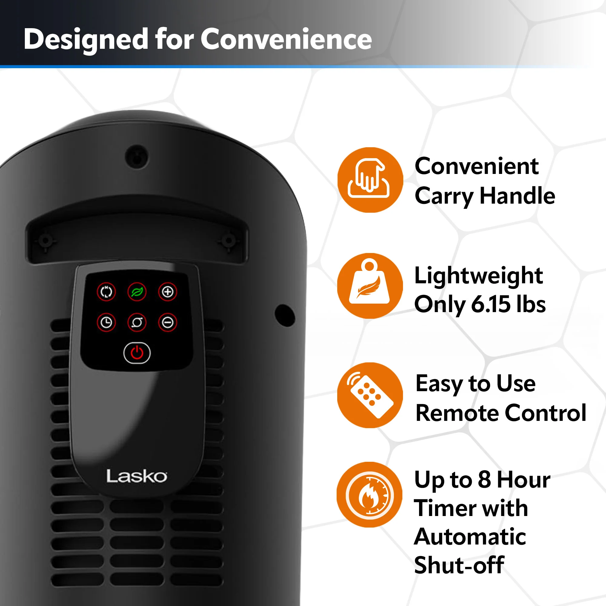 Lasko 23" Ceramic Tower Heater (2 heat settings, remote, timer, thermostat, tip-over switch, black) - Image 6