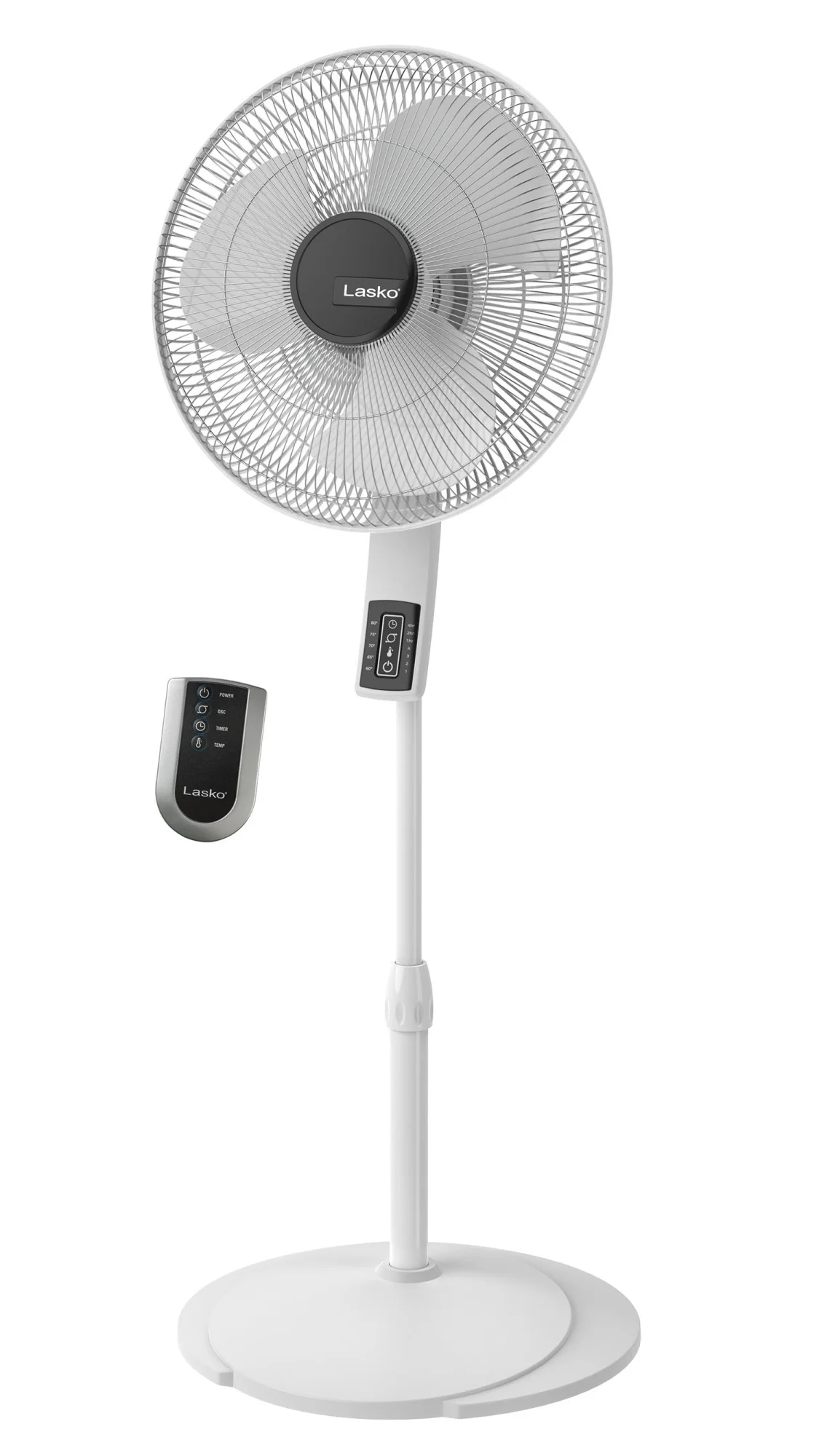 Lasko 16" Pedestal Fan: Oscillating, 4-Speed, Remote, Timer, Thermostat, White