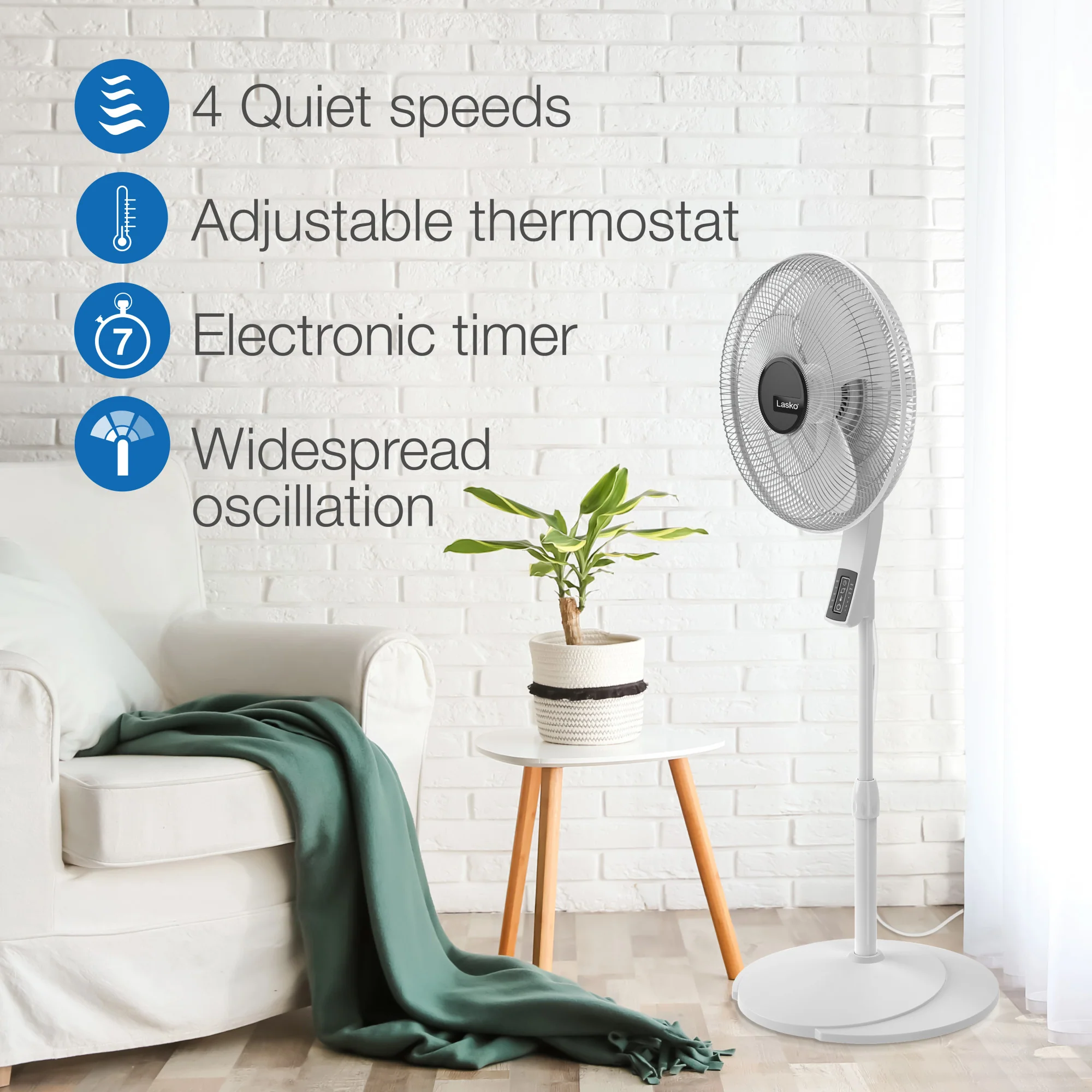 Lasko 16" Pedestal Fan: Oscillating, 4-Speed, Remote, Timer, Thermostat, White - Image 4