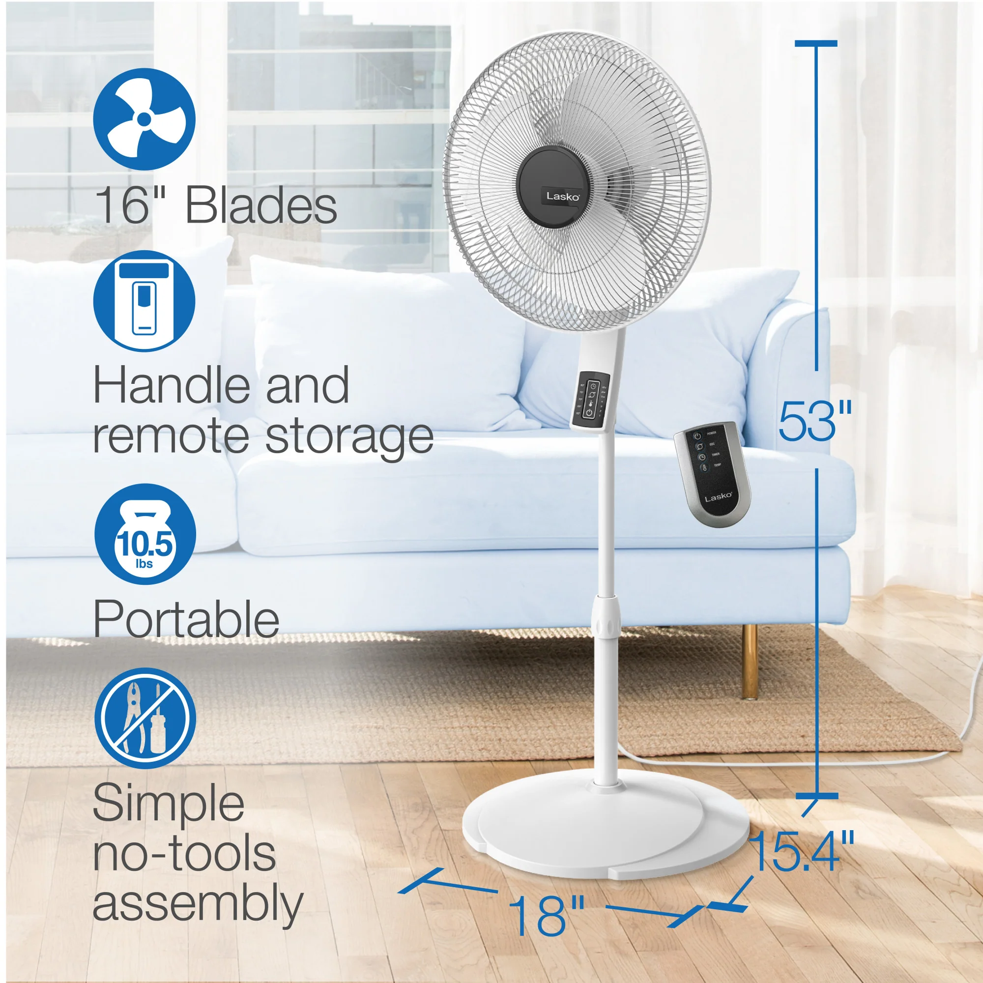 Lasko 16" Pedestal Fan: Oscillating, 4-Speed, Remote, Timer, Thermostat, White - Image 6