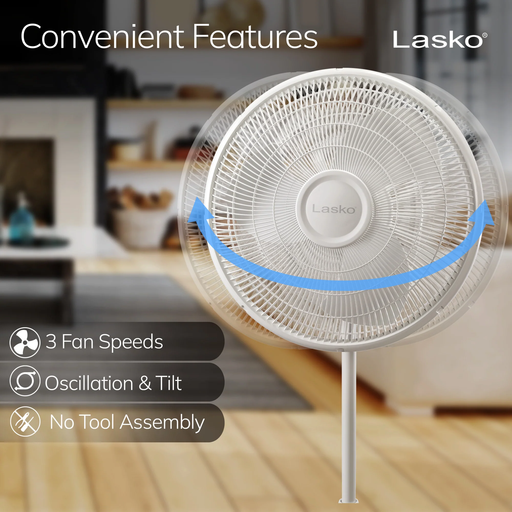 Lasko 16" Pedestal Fan: Oscillating, 3-Speed, Adjustable Height, White - Image 3