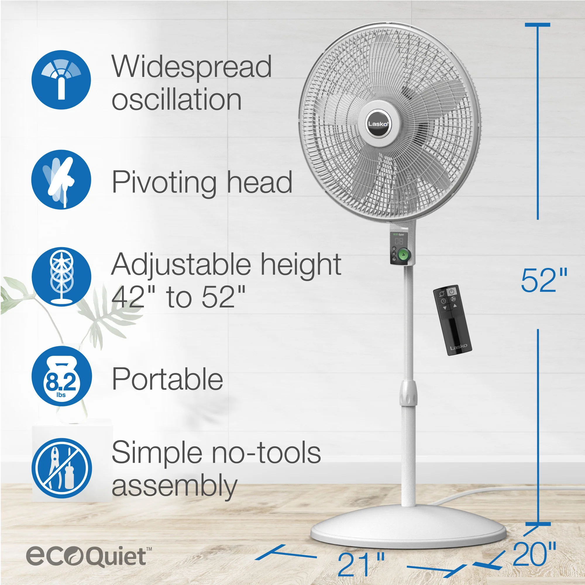 Lasko EcoQuiet 18" DC Pedestal Fan: Oscillating, 12-Speed, Remote, White - Image 5