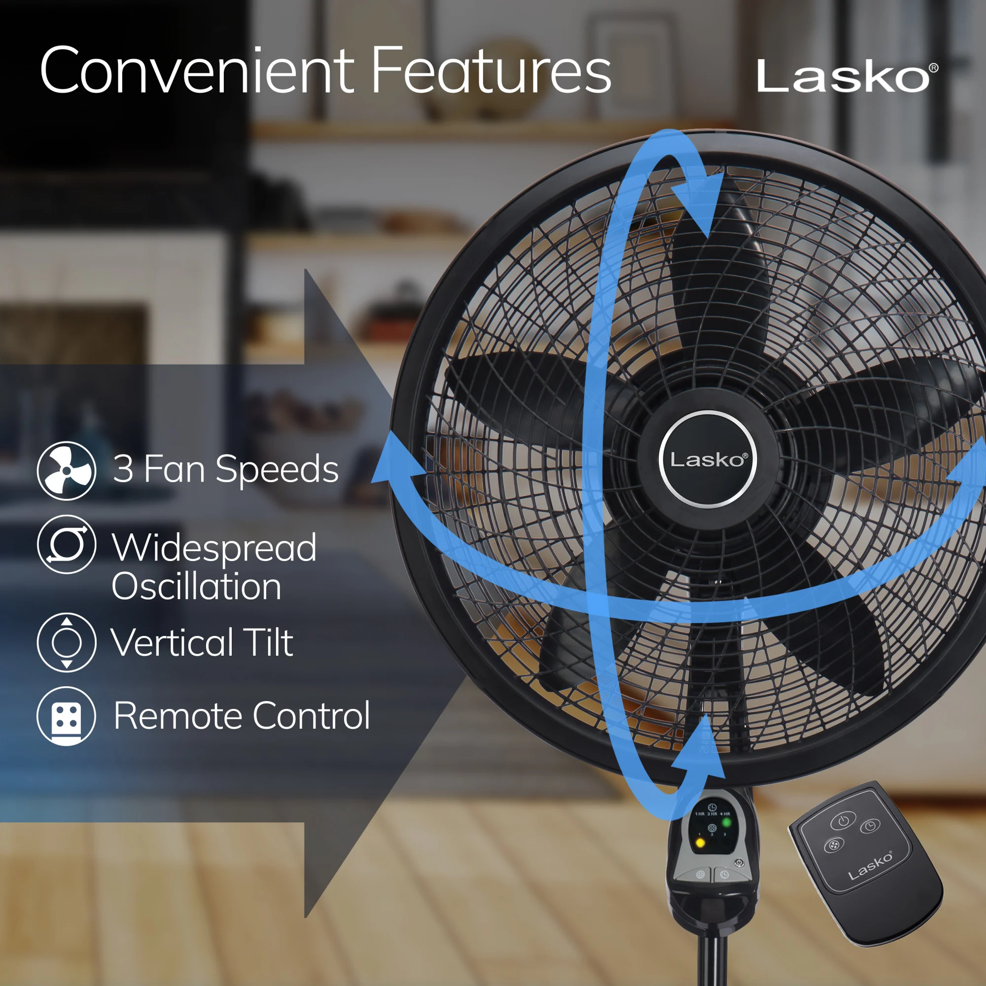 Lasko Cyclone 18" Pedestal Fan: Oscillating, 3-Speed, Remote, Timer, Black - Image 3