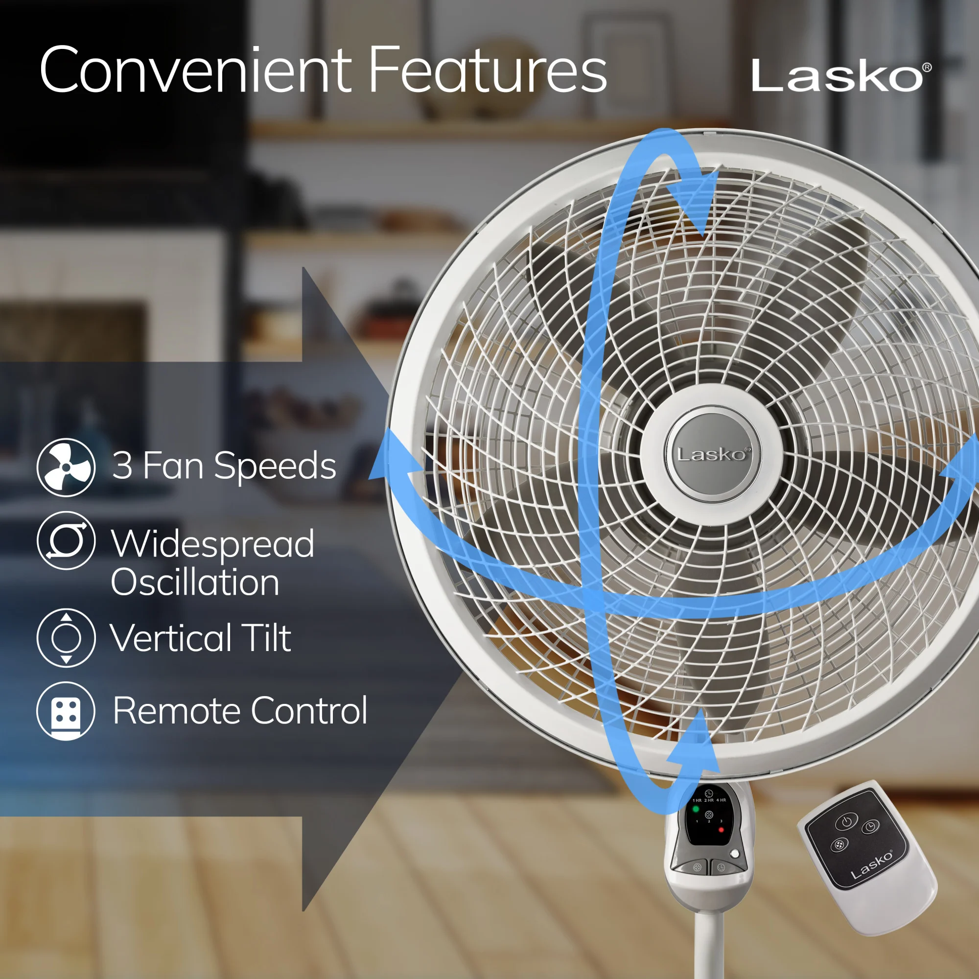 Lasko Cyclone 18" Pedestal Fan: Oscillating, 3-Speed, Remote, Timer, White - Image 3