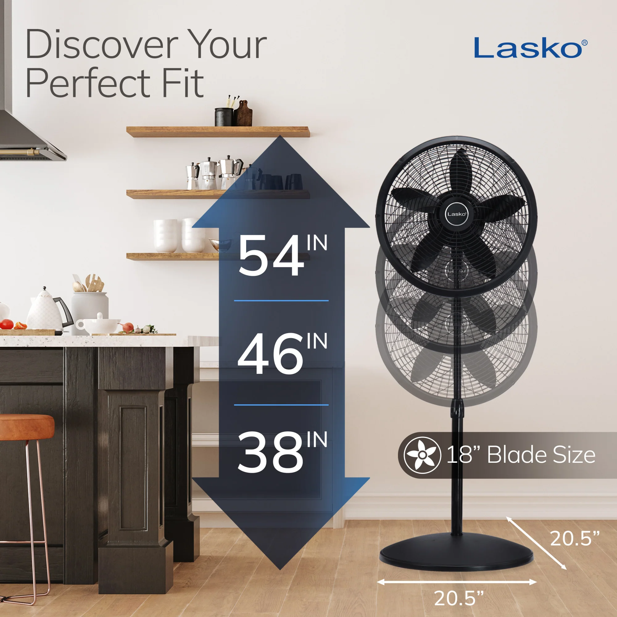 Lasko 18" Pedestal Fan: Oscillating, 3-Speed, Adjustable Height, Black - Image 4