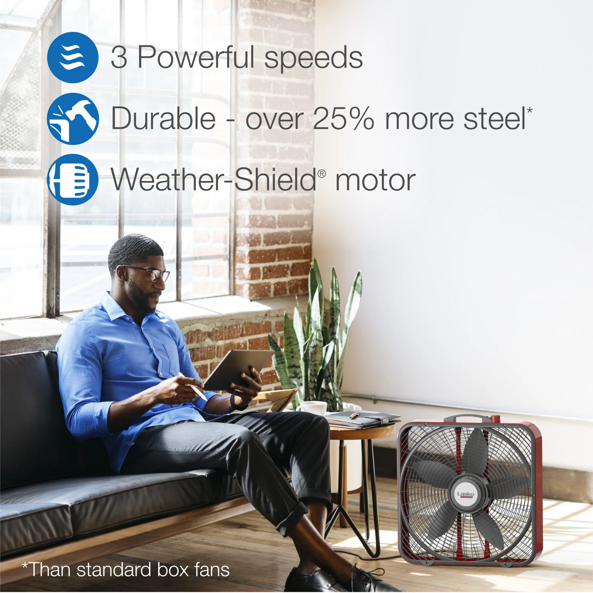 Lasko Pro Power 20" Box Fan: 3-Speed, Weather-Resistant Motor, Red - Image 4