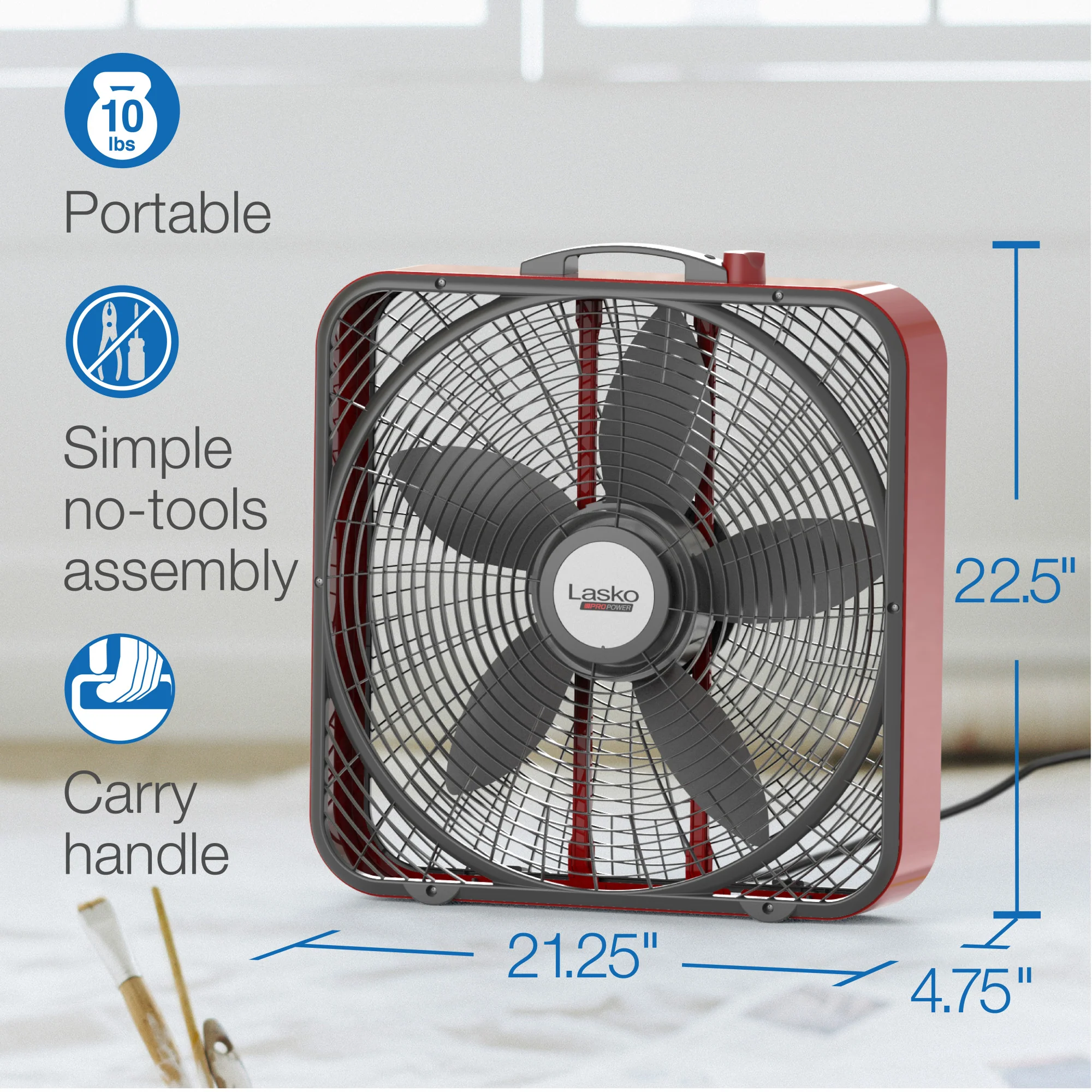 Lasko Pro Power 20" Box Fan: 3-Speed, Weather-Resistant Motor, Red - Image 6