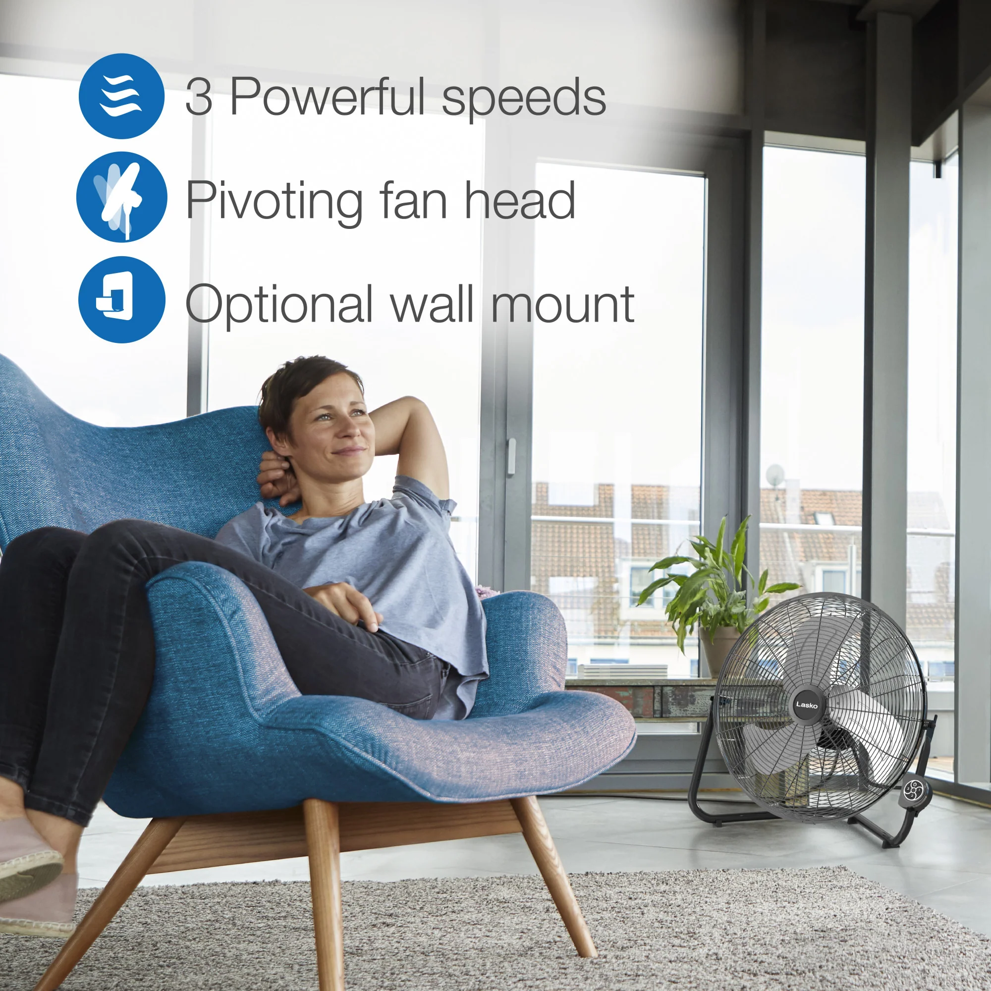 Lasko 20" High Velocity Floor Fan: Wall Mount, 3-Speed, Remote, Black - Image 4
