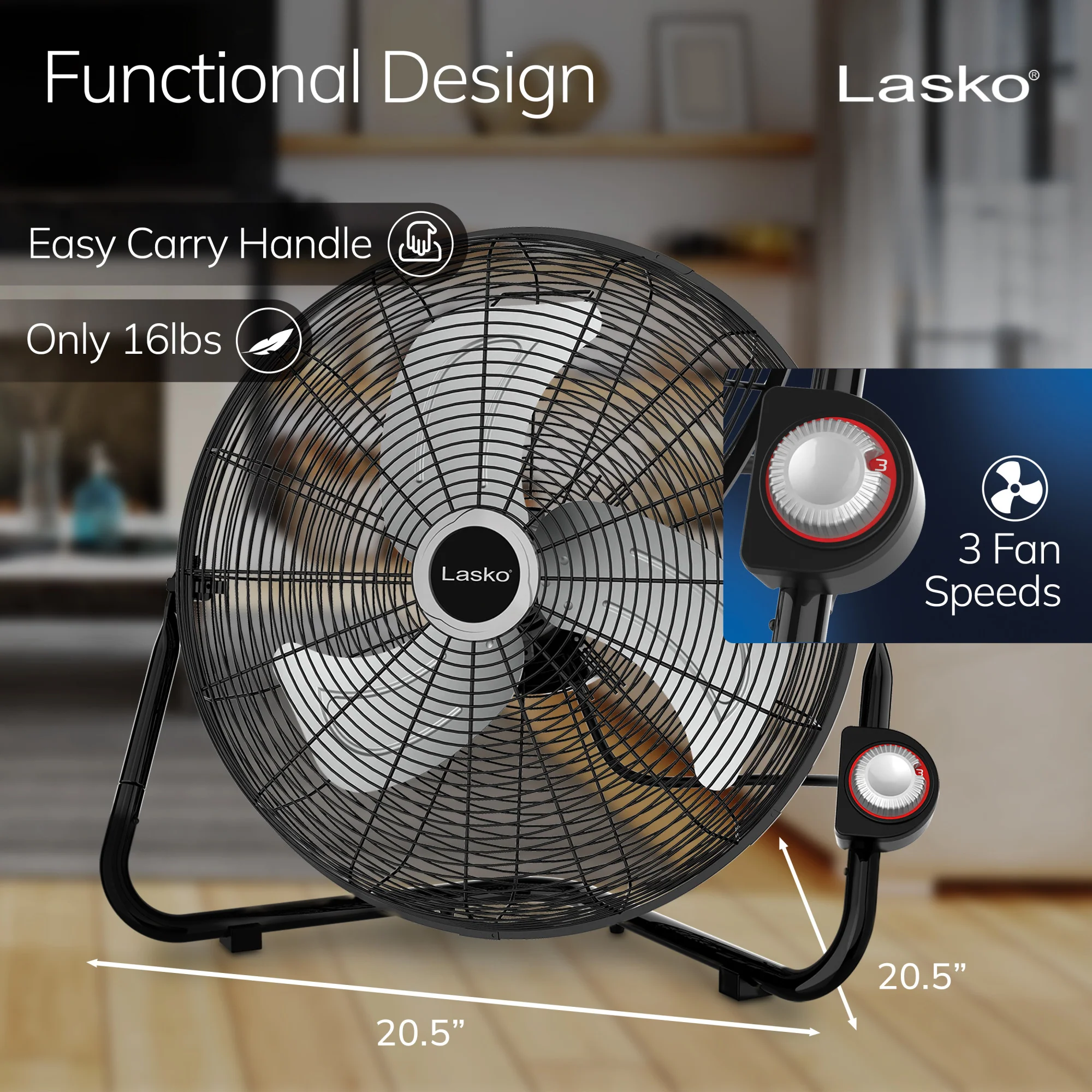Lasko 20" High Velocity Floor Fan: Wall Mount, 3-Speed, Pivoting, Black - Image 3