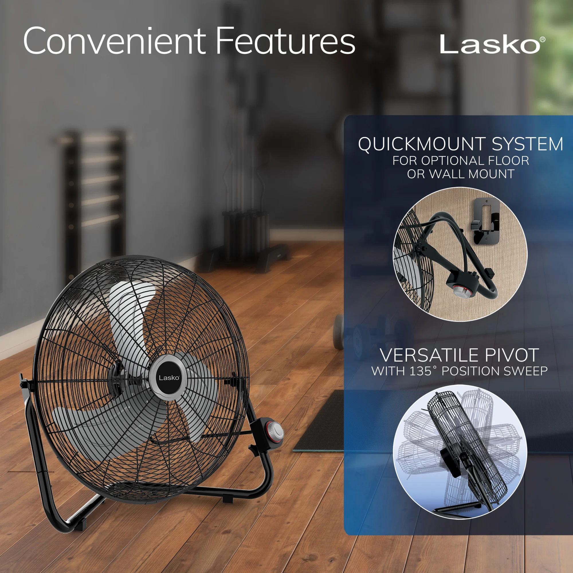 Lasko 20" High Velocity Floor Fan: Wall Mount, 3-Speed, Pivoting, Black - Image 5