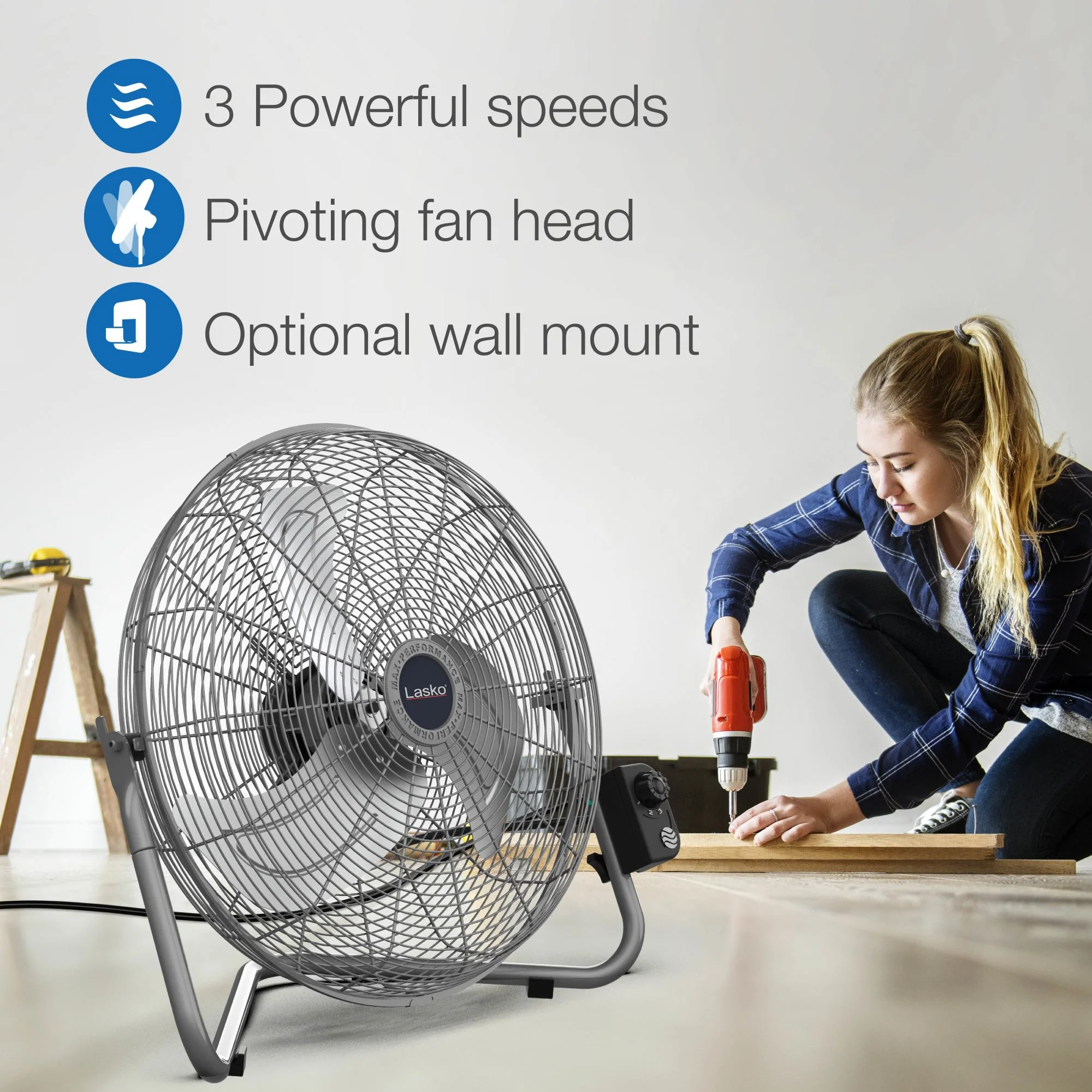Lasko 20" High Velocity Floor Fan: Wall Mount, 3-Speed, Pivoting, Silver - Image 4