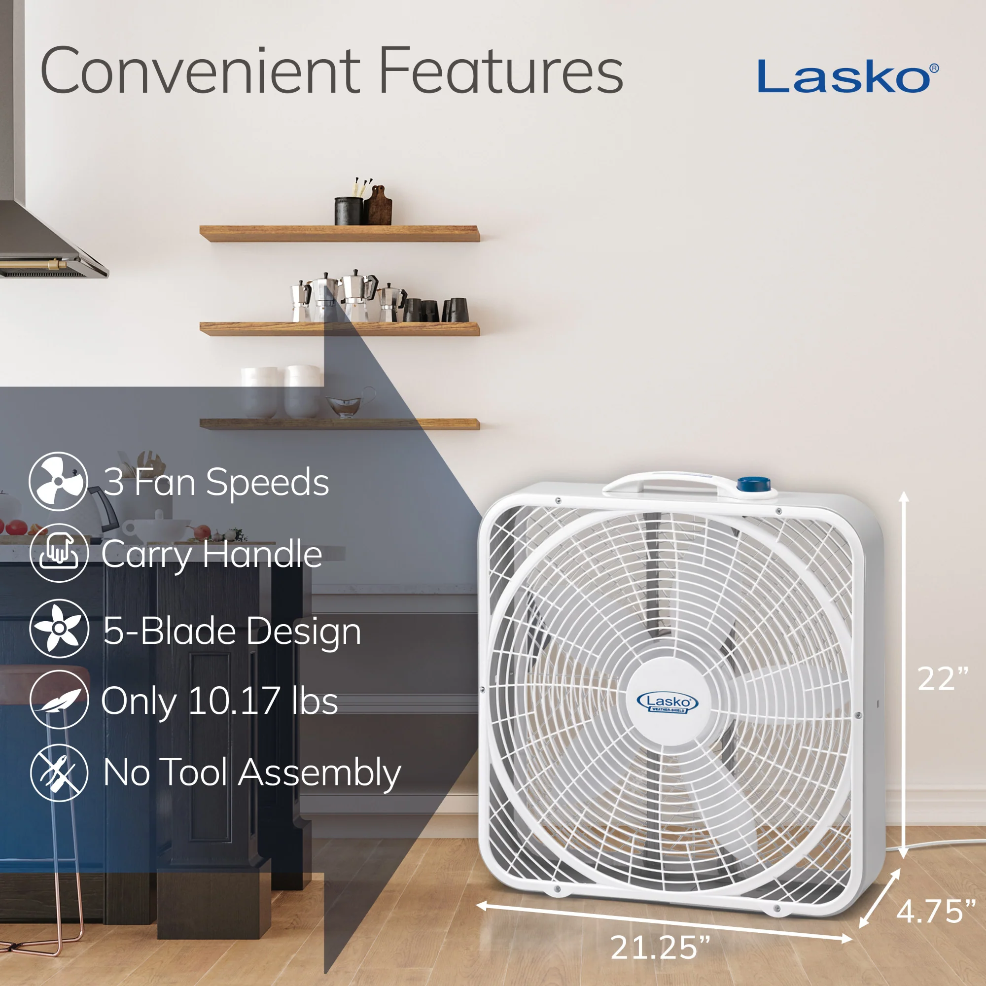 Lasko Weather Shield 20" Box Fan: 3-Speed, Weather-Resistant Motor, White - Image 5