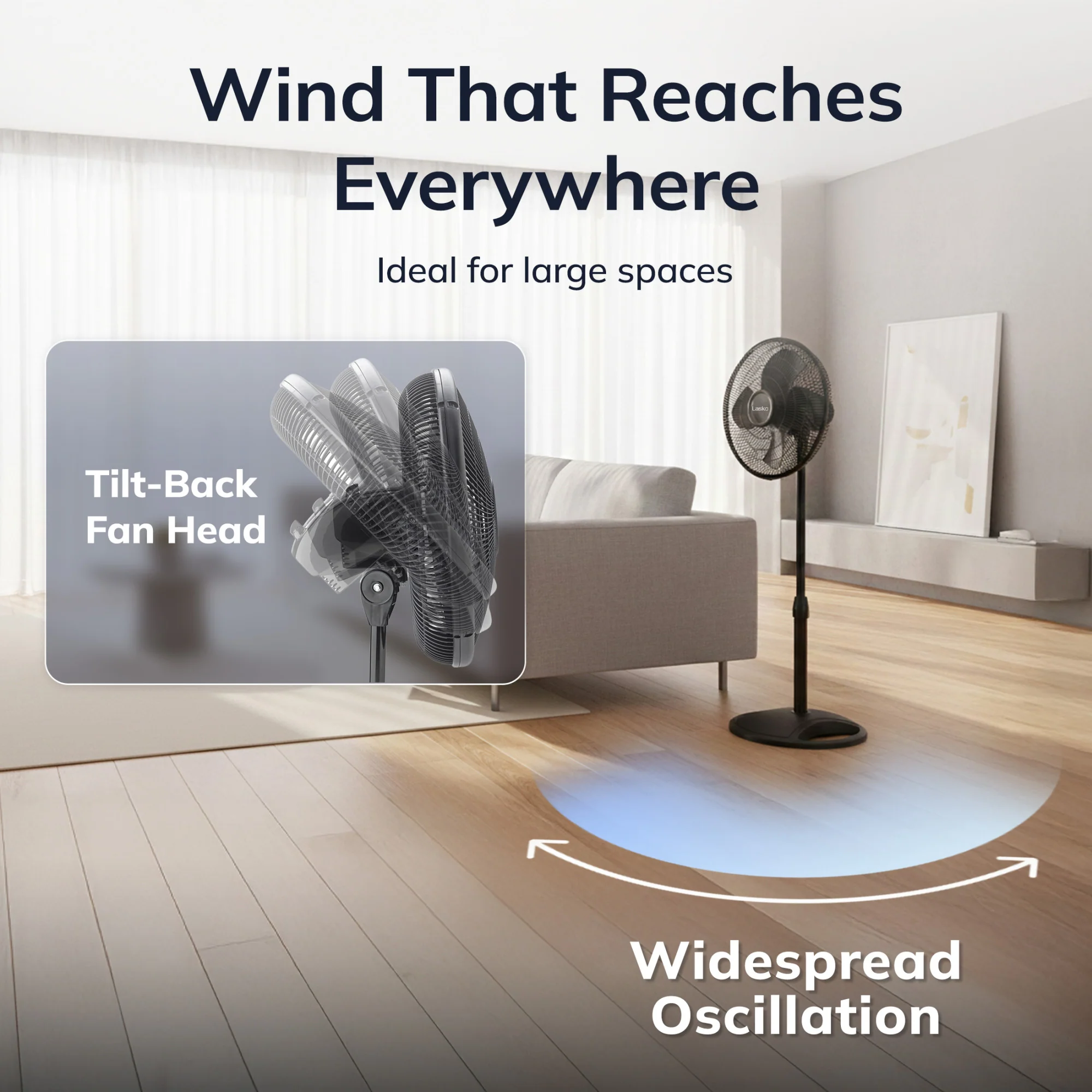 Lasko 16" Pedestal Fan: Oscillating, 3-Speed,  Adjustable Height, Black - Image 3