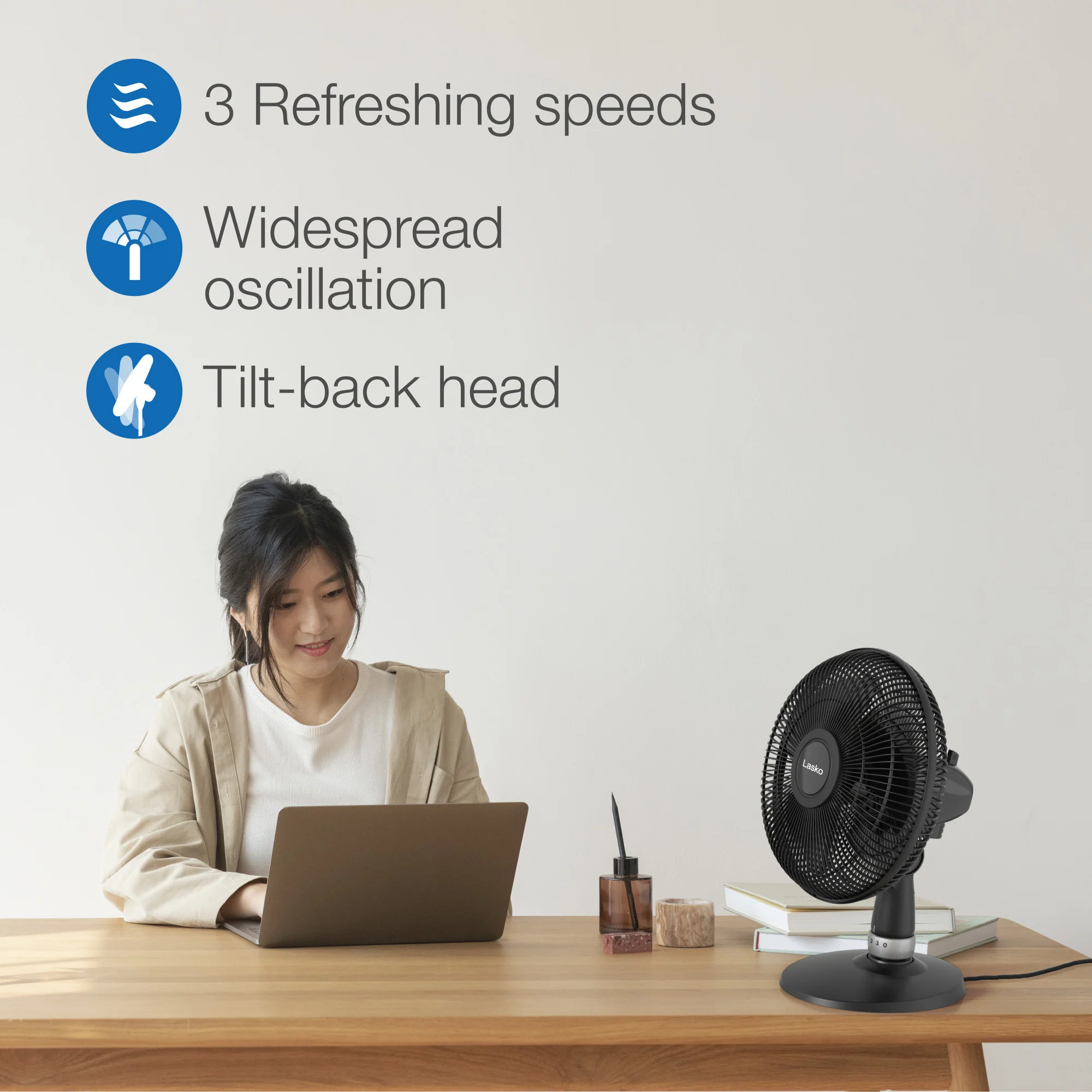 Lasko 12" Performance Table Fan: Oscillating, 3-Speed, Tilting Head, Black - Image 4