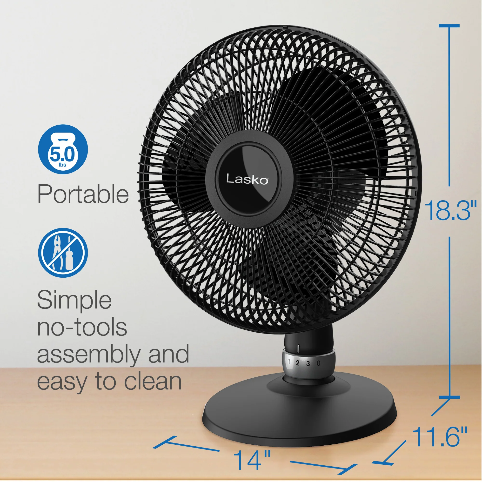 Lasko 12" Performance Table Fan: Oscillating, 3-Speed, Tilting Head, Black - Image 6