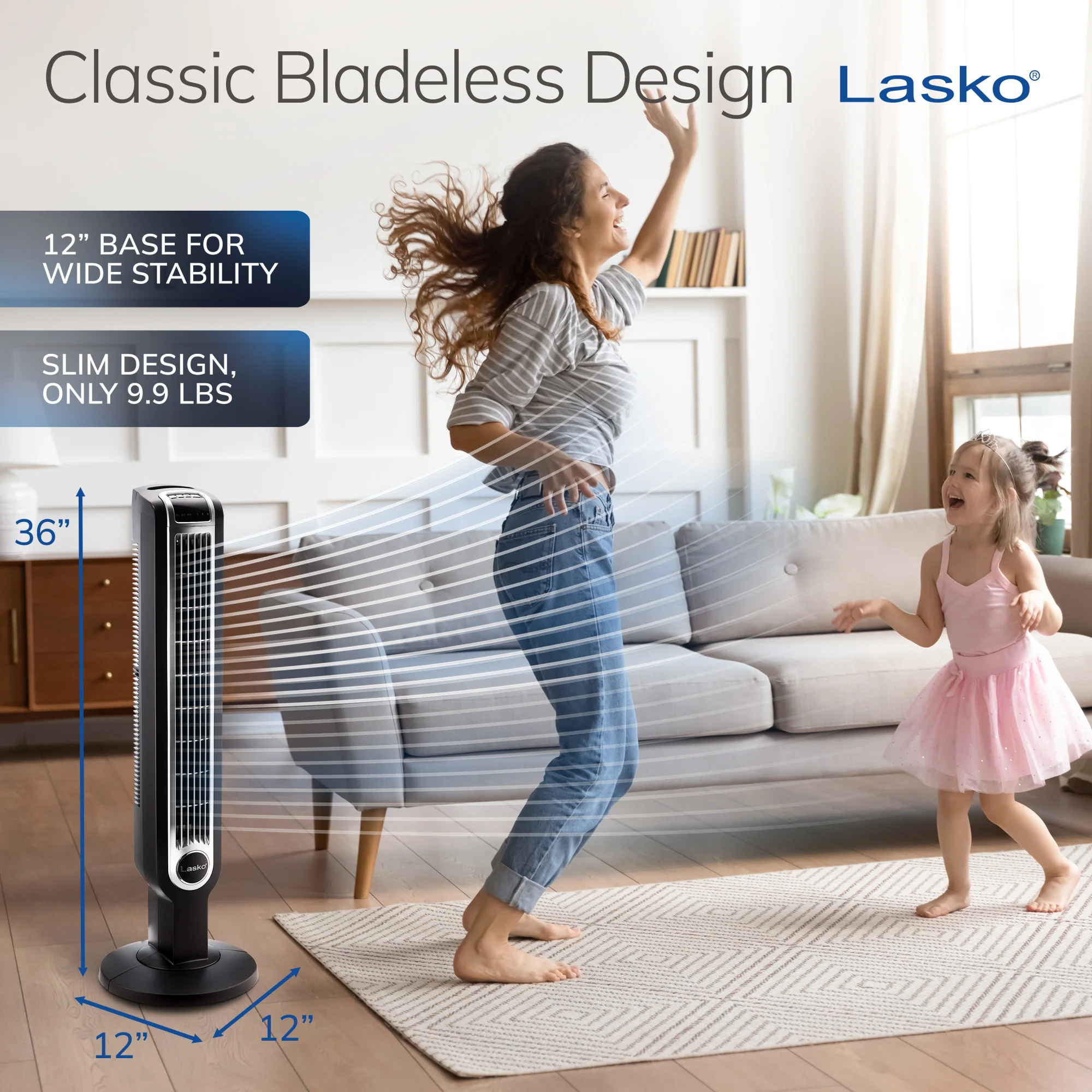 Lasko 36" Tower Fan: Oscillating, 3-Speed, Remote, Timer, Black - Image 4