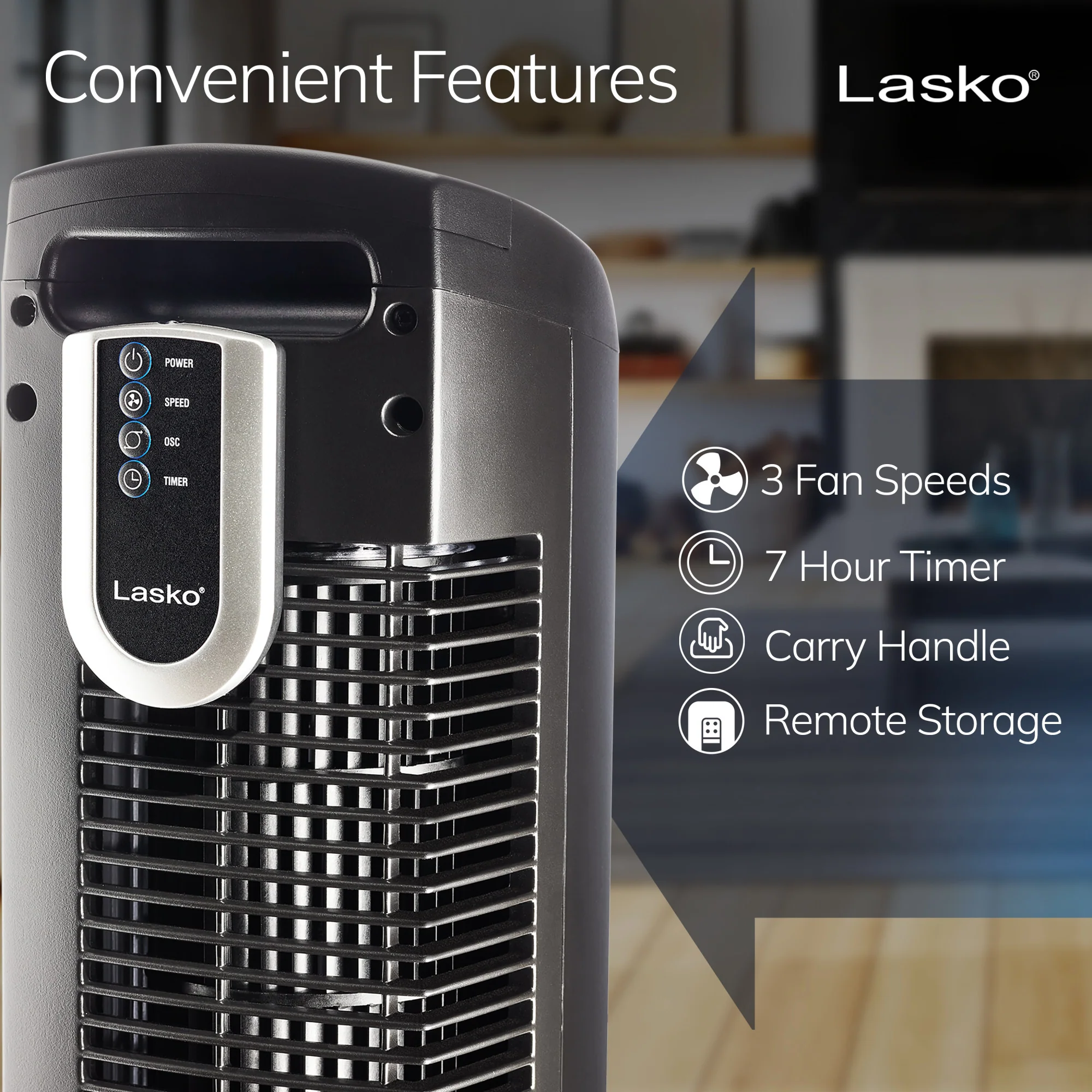 Lasko 36" Tower Fan: Oscillating, 3-Speed, Remote, Timer, Black - Image 5