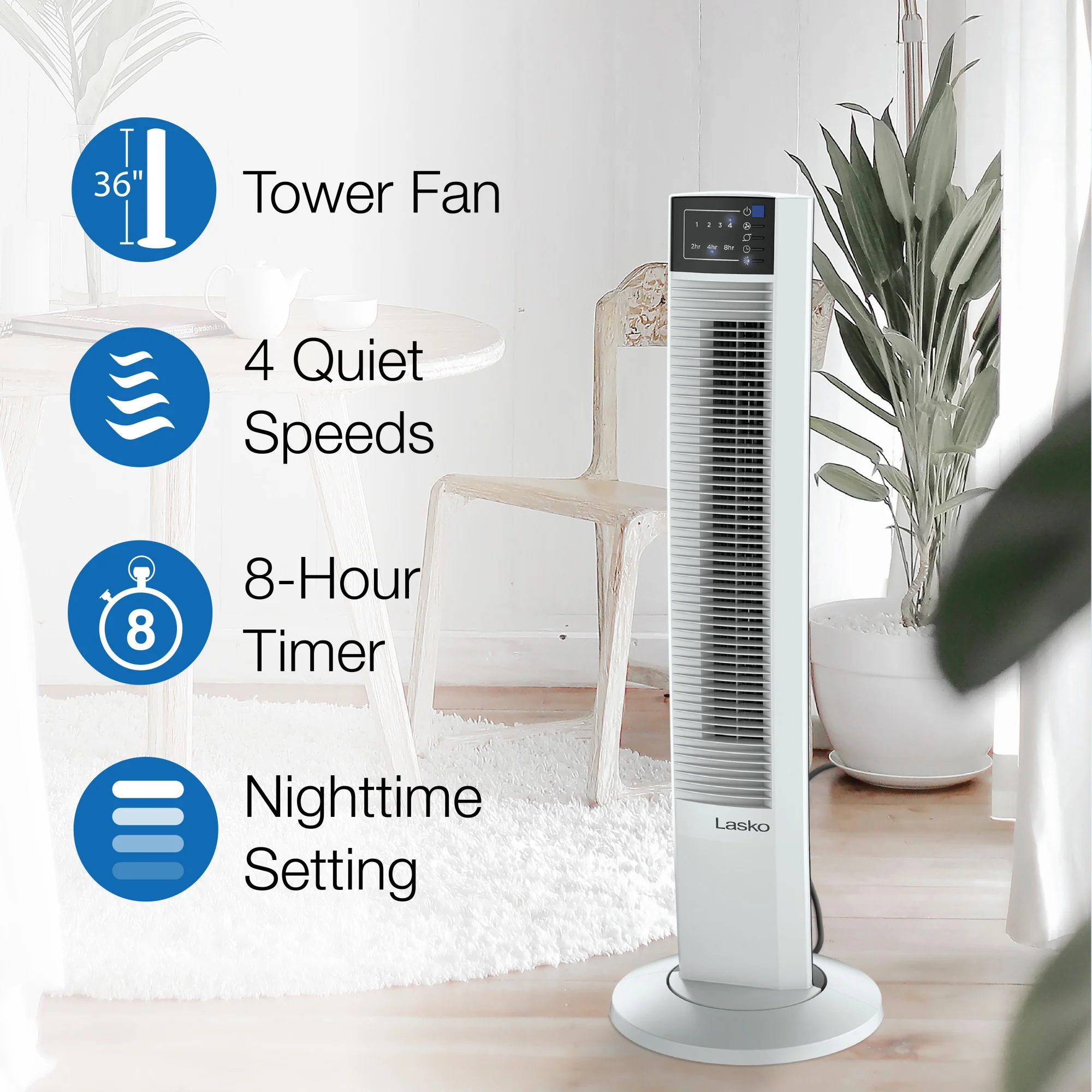 Lasko Wind Tower 35" Tower Fan: Oscillating, 4-Speed, Remote, Timer, White - Image 2