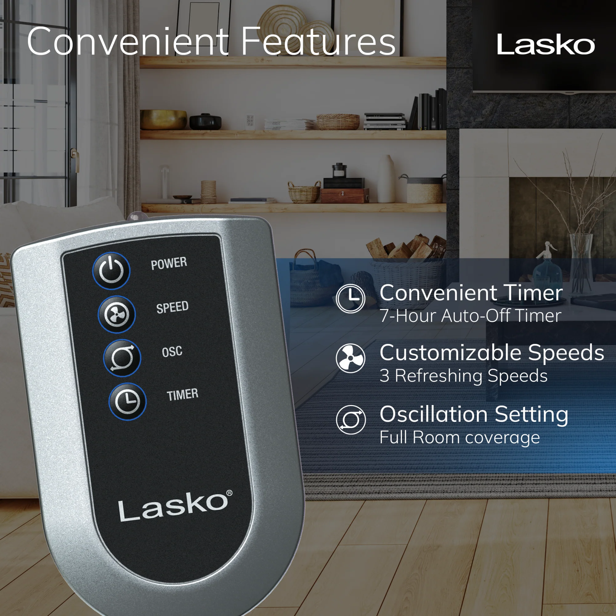 Lasko 36" Tower Fan: Oscillating, 3-Speed, Remote, Timer, Black - Image 3
