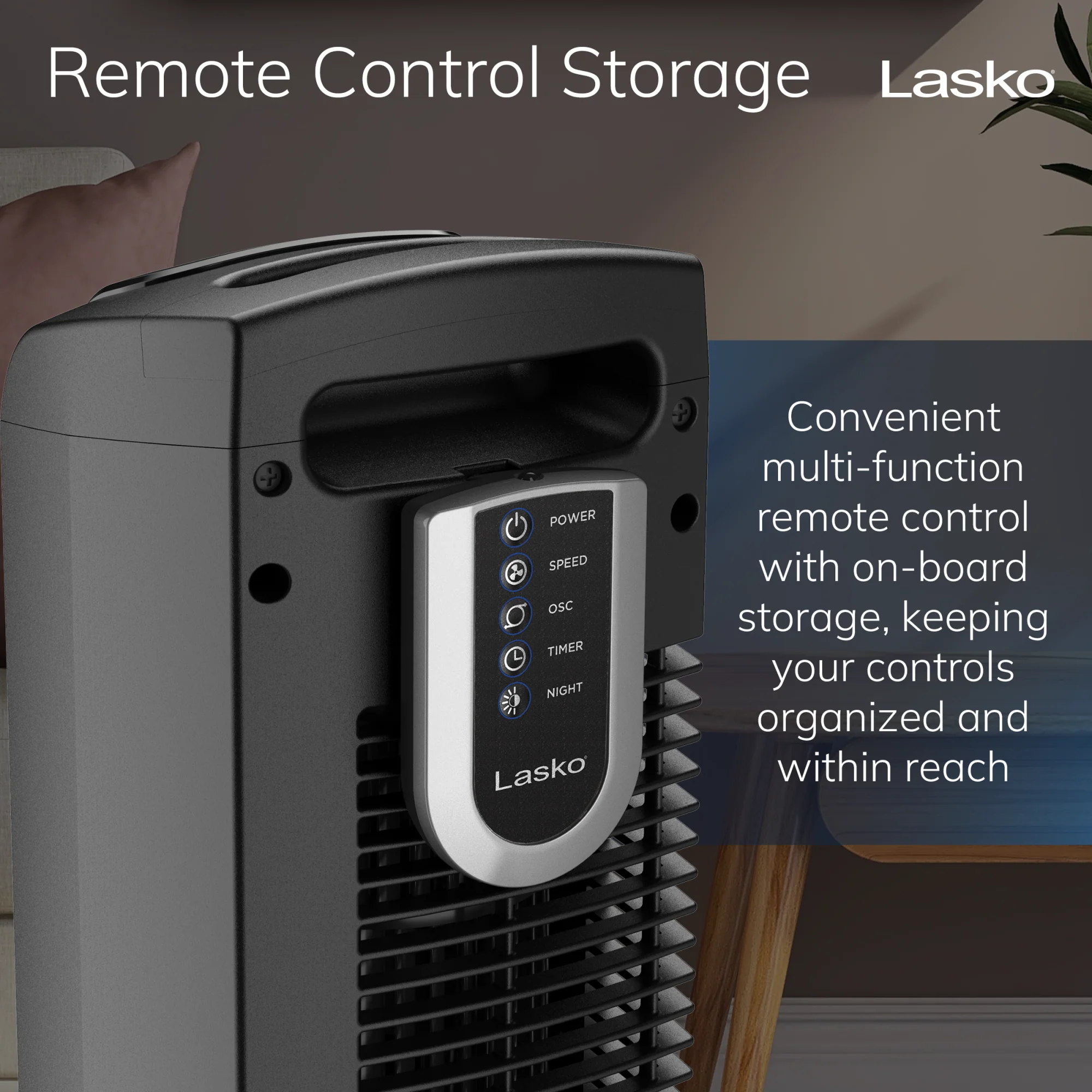 Lasko 36" Tower Fan: Oscillating, 3-Speed, Remote, Timer, Black - Image 5