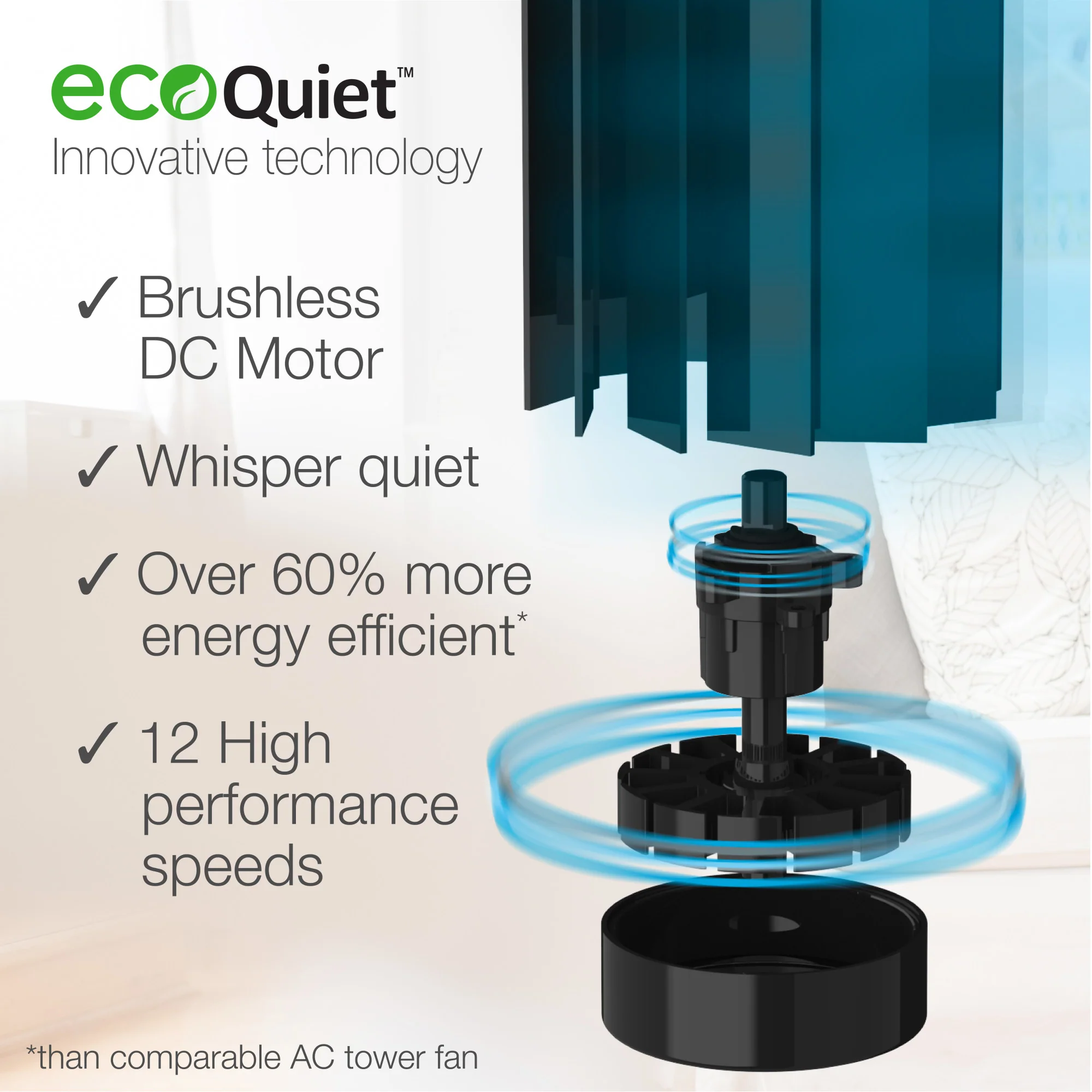 Lasko EcoQuiet 42" DC Tower Fan: Oscillating, 12-Speed, Remote, Black - Image 3